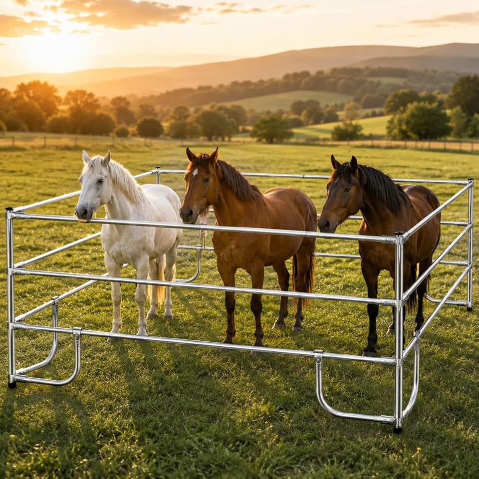 Portable Horse Panels, 144 x 144 x 47.24 in Foldable Horse Panel, 1.4in Wall Thickness Stainless Steel Livestock Fence with Carry Bag, Outdoor Modular Corral for Grazing, Training and Temporary Stalls