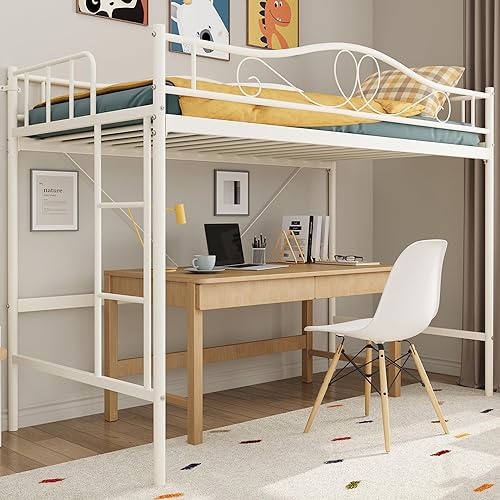IDEALHOUSE Loft Bed Twin Size with Ladder & Full Safety Guardrail, Heavy Duty Metal Twin Loft Bed 400 Lbs Load Capacity, Space-Saving, Noise Free, No Box Spring Needed, Easy Assembly, Cream White