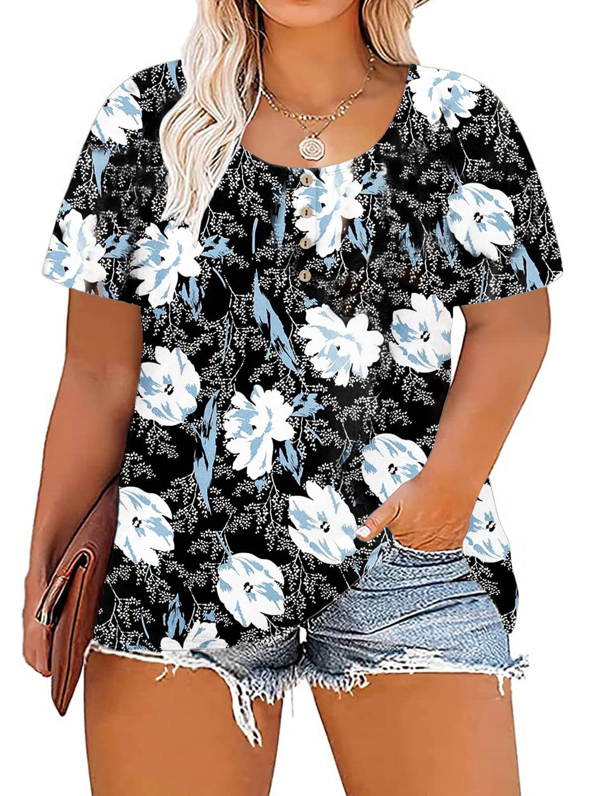 CARCOS Women's Plus Size Short Sleeve Tunic Top - Color Block Henley Blouse In Beige, XL-5XL