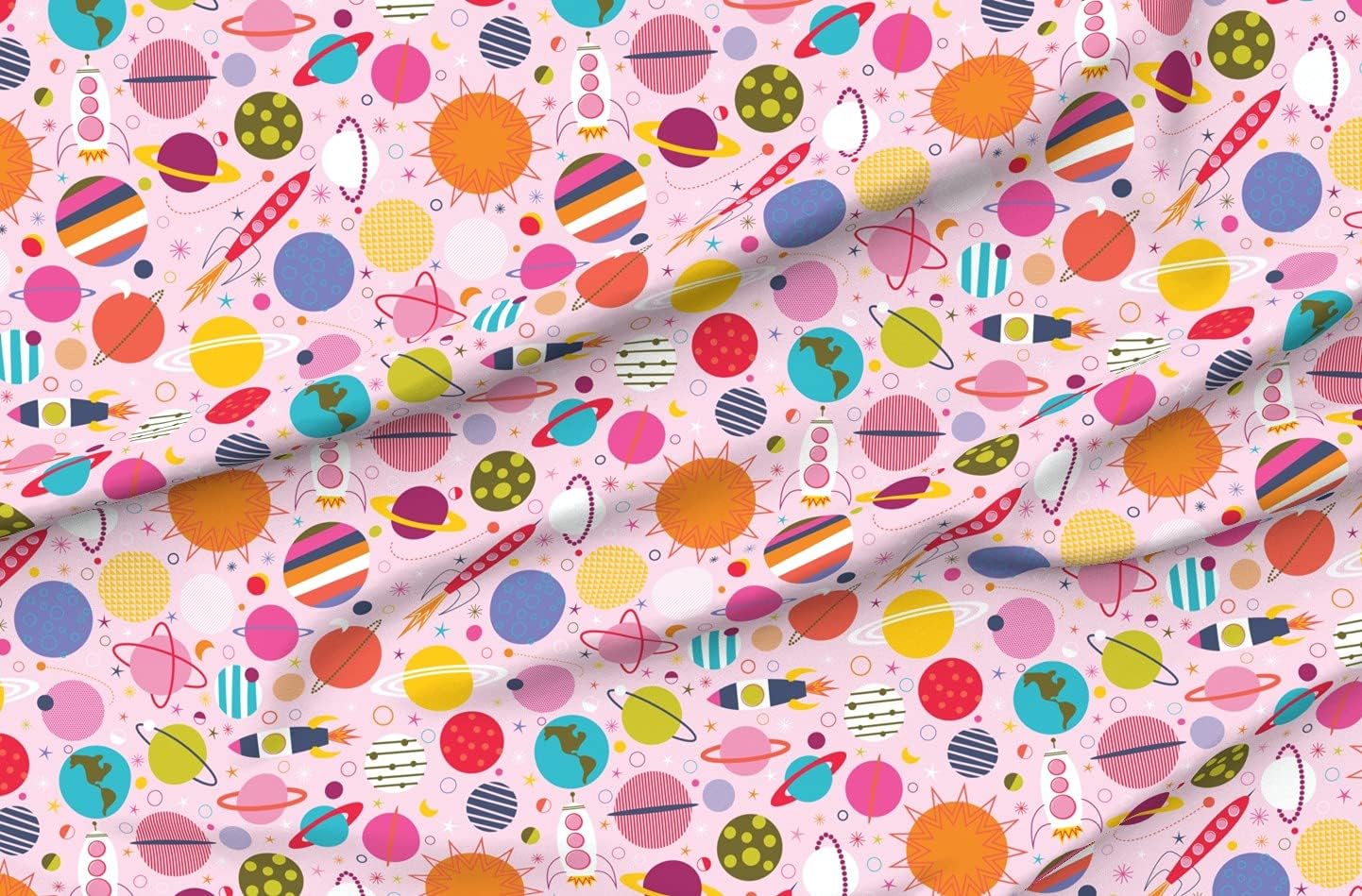 Spoonflower Fabric - Rocket Science Girl Child Pink Solar System Astronomy Planet Sun Printed on Organic Cotton Sateen Fabric by The Yard - Sewing Quilting Apparel Home Decor