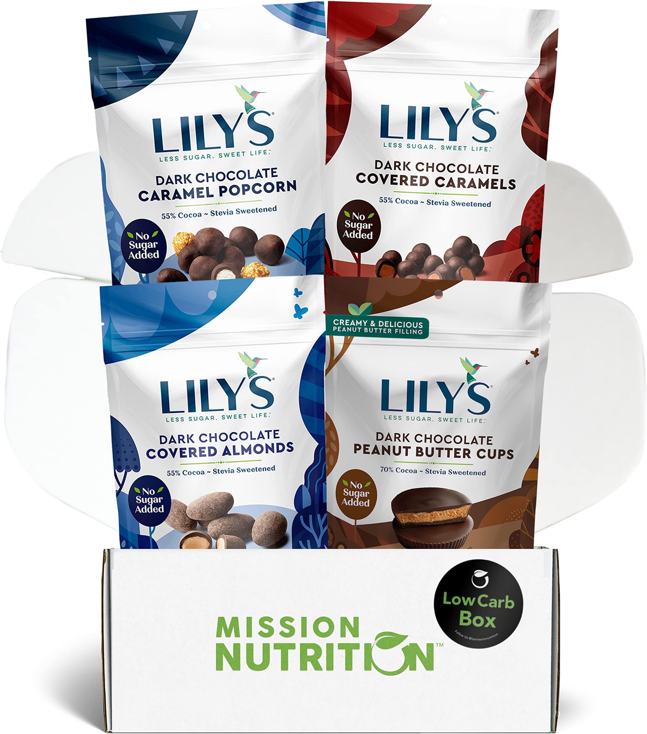 Low Carb Box featuring Lily's Sweets Chocolate Peanut Butter Cups, Almonds, Caramels and Popcorn - Stevia Sweetened, Low-Carb, Keto-Friendly, Gluten-Free (4 Count) (Dark Chocolate)