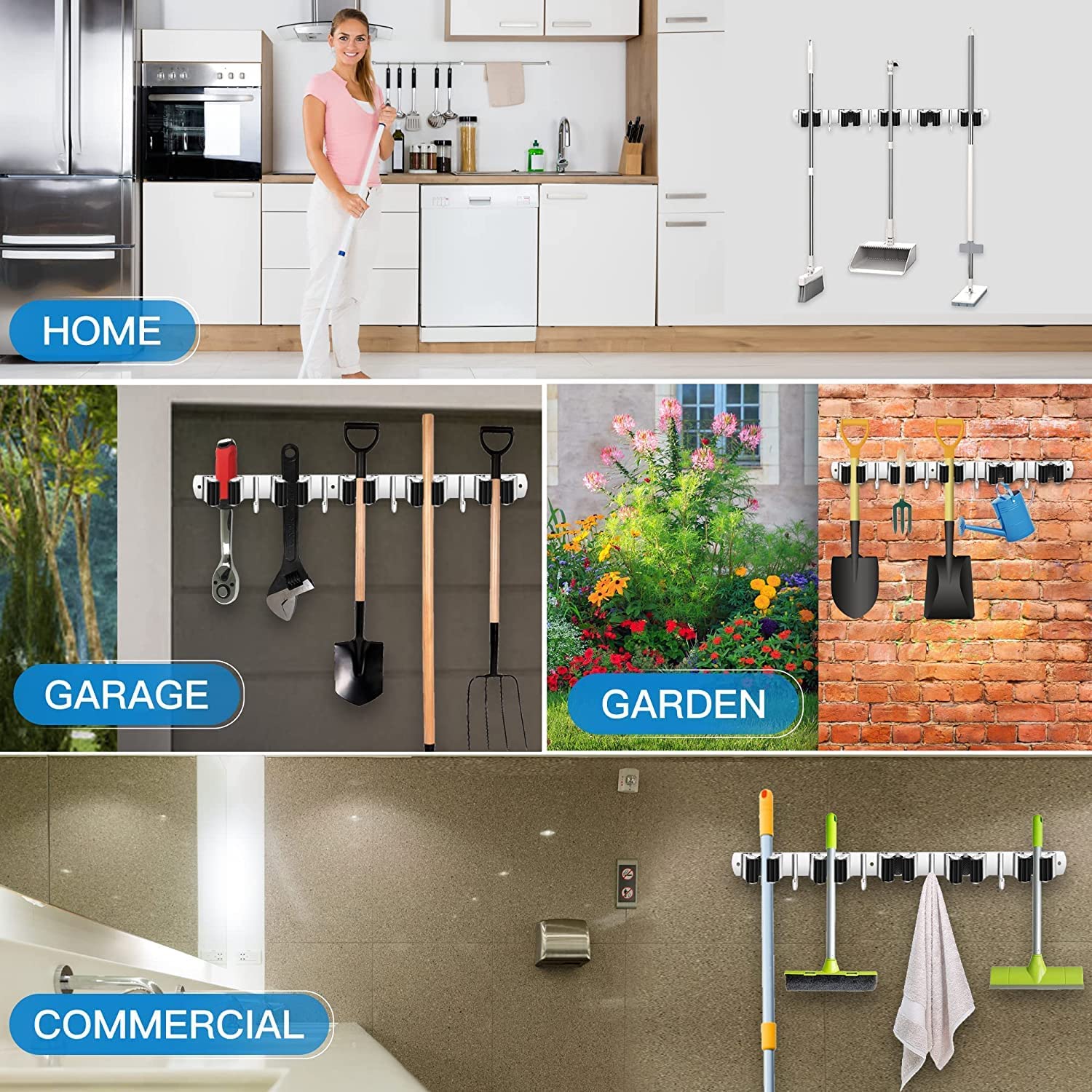 Kepzell Broom Mop Holder Wall Mount Stainless Steel Tool Hanger Storage Organizer For Home, Kitchen, Garage, Garden, Laundry Room, Bathroom and Closet Shelves (5 Racks 4 Hooks,1Pcs) 2