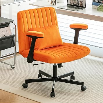 Criss Cross Legged Office Chair with Flip-UP Arms and Wheels,Wide Office Chair with Pillow, Modern Cross-Leg Chair for Home Office, Apartment, Vanity, Ergonomic Orange