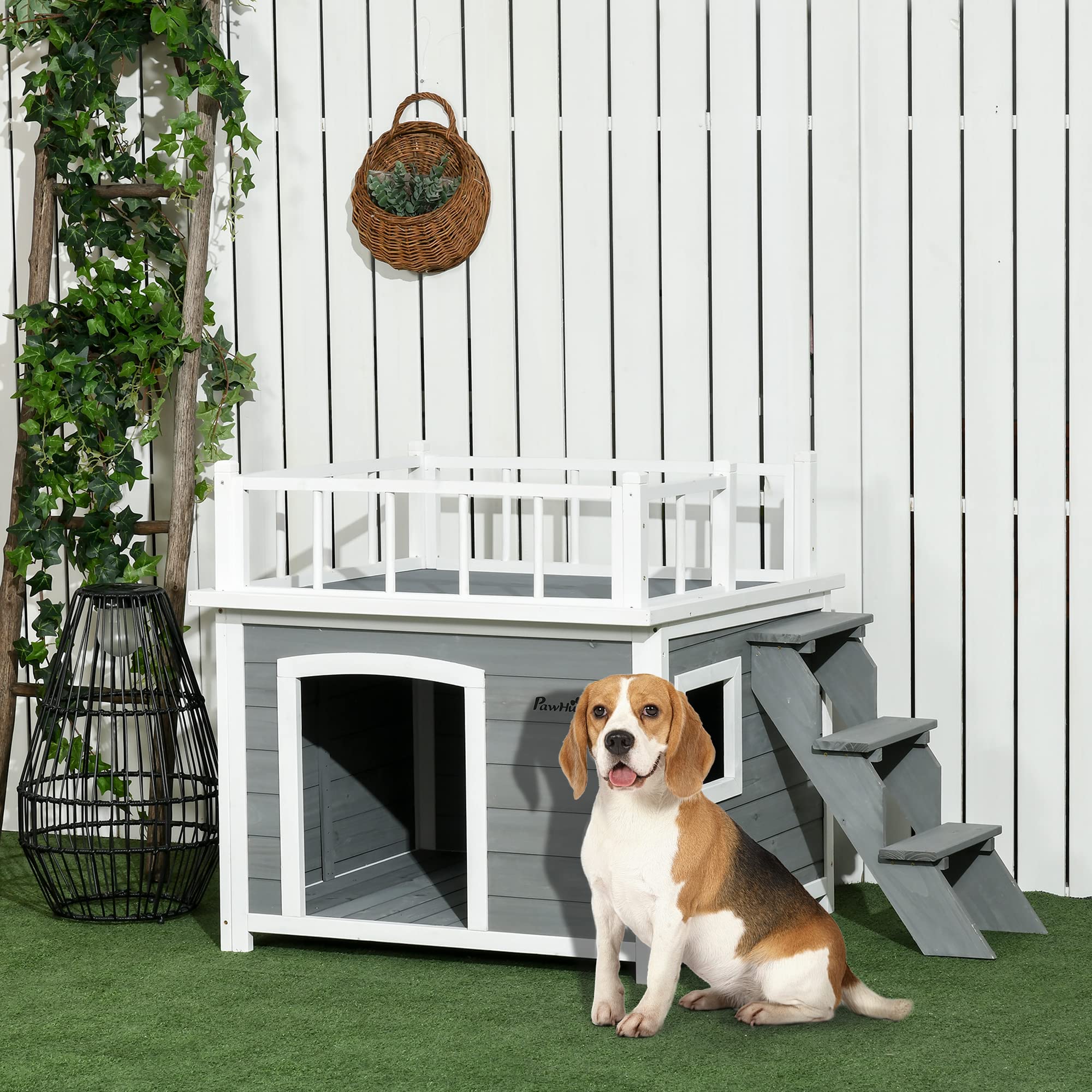 PawHut caseta para Perros con balcón, caseta elevada para Animales pequeños con Escalera, Ventana, Cueva para Perros medianos y Grandes, Madera de Abeto, Gris Claro, 121 x 77 x 78 cm