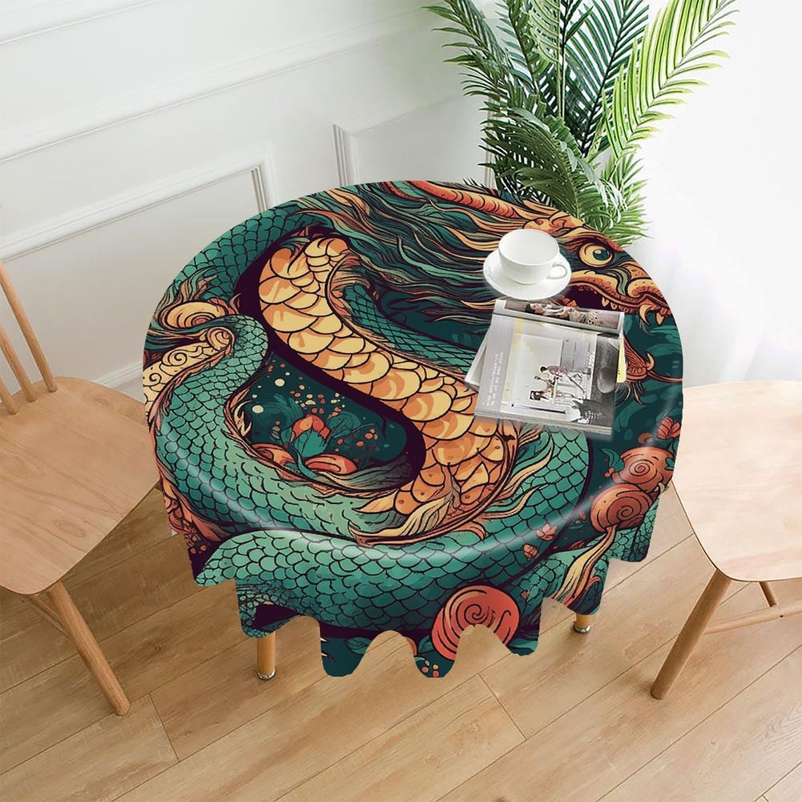 LZQPOEAS Oriental Dragon Pattern Tablecloth Decorative Round Table Cloth Wrinkle Resistant Round Tablecloth Washable Circle Table Cover for Kitchen Dining Party Wedding Camping 60 Inch