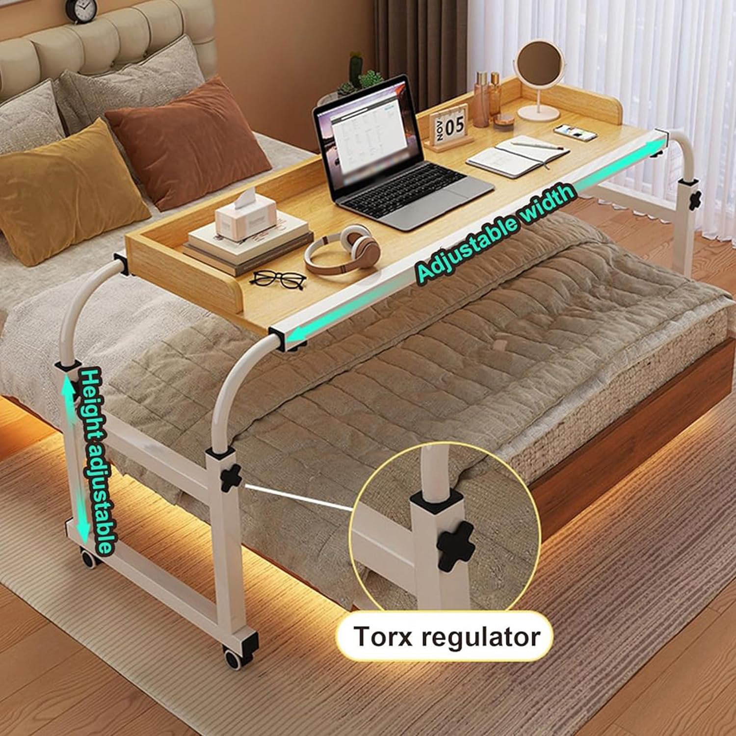 Tavolo Regolabile Per Letto Con Ruote - Scrivanía Mobile, Altezza Ajustable 55-87 Cm - Foto 10