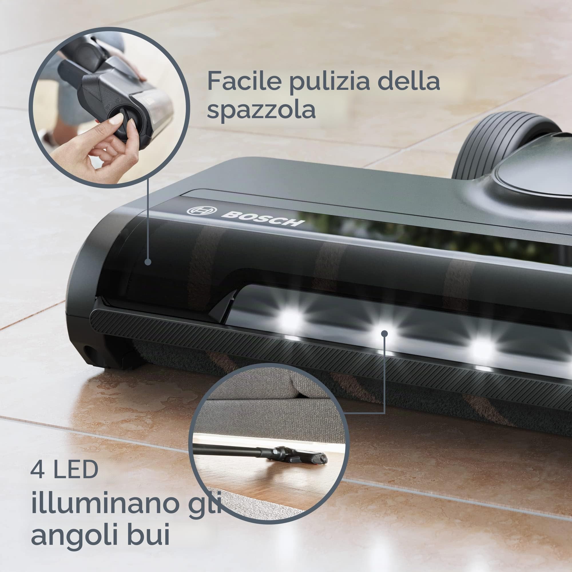 Bosch Bocchetta morbida per pavimenti duri con illuminazione a LED, adatta per aspirapolvere a batteria Unlimited 6, 7 e 8, ideale per parquet e piastrelle, pulizia delicata, accessori originali,