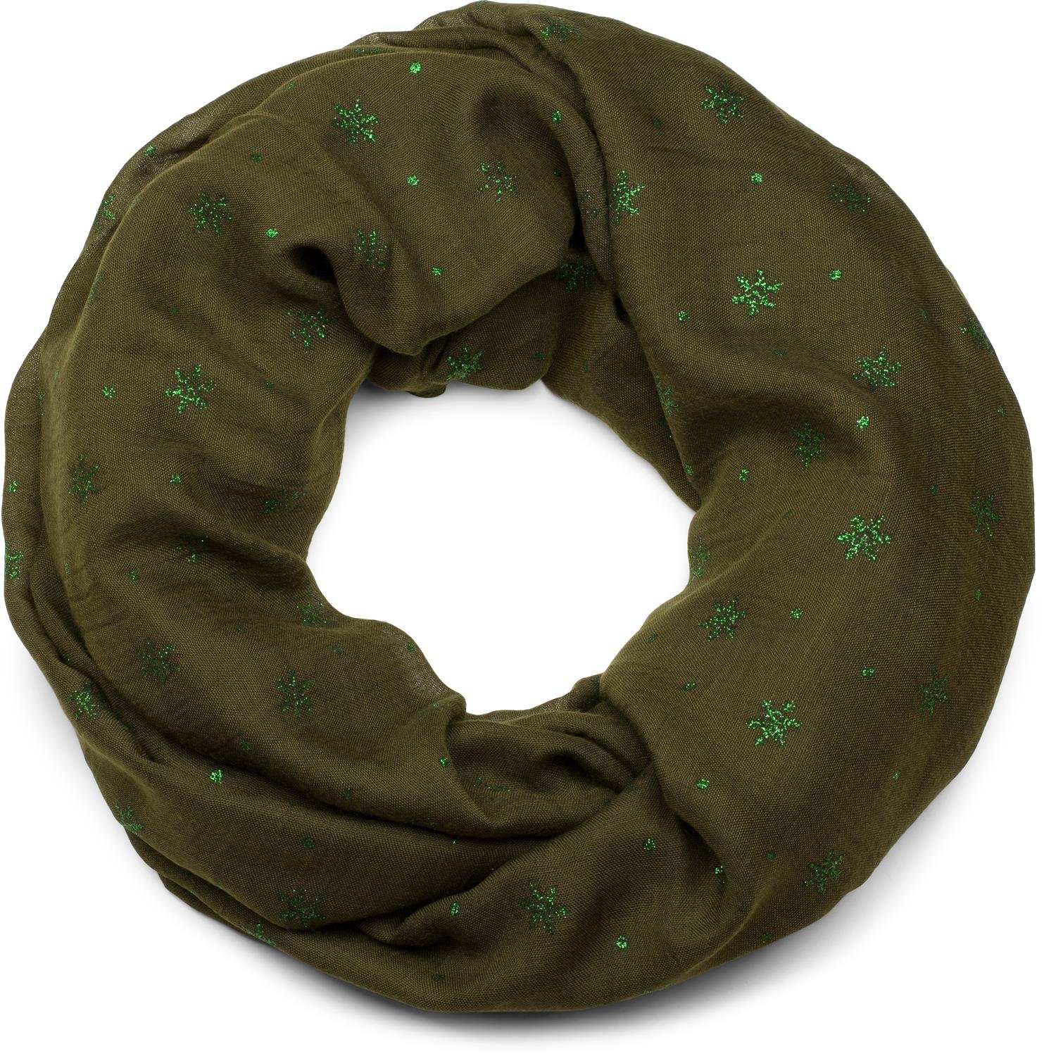styleBREAKER Ladies Loop Scarf with Glitter Snowflake Print, Soft Tubular Scarf Unicoloured, Shawl 01017064, Colour:Olive-Green