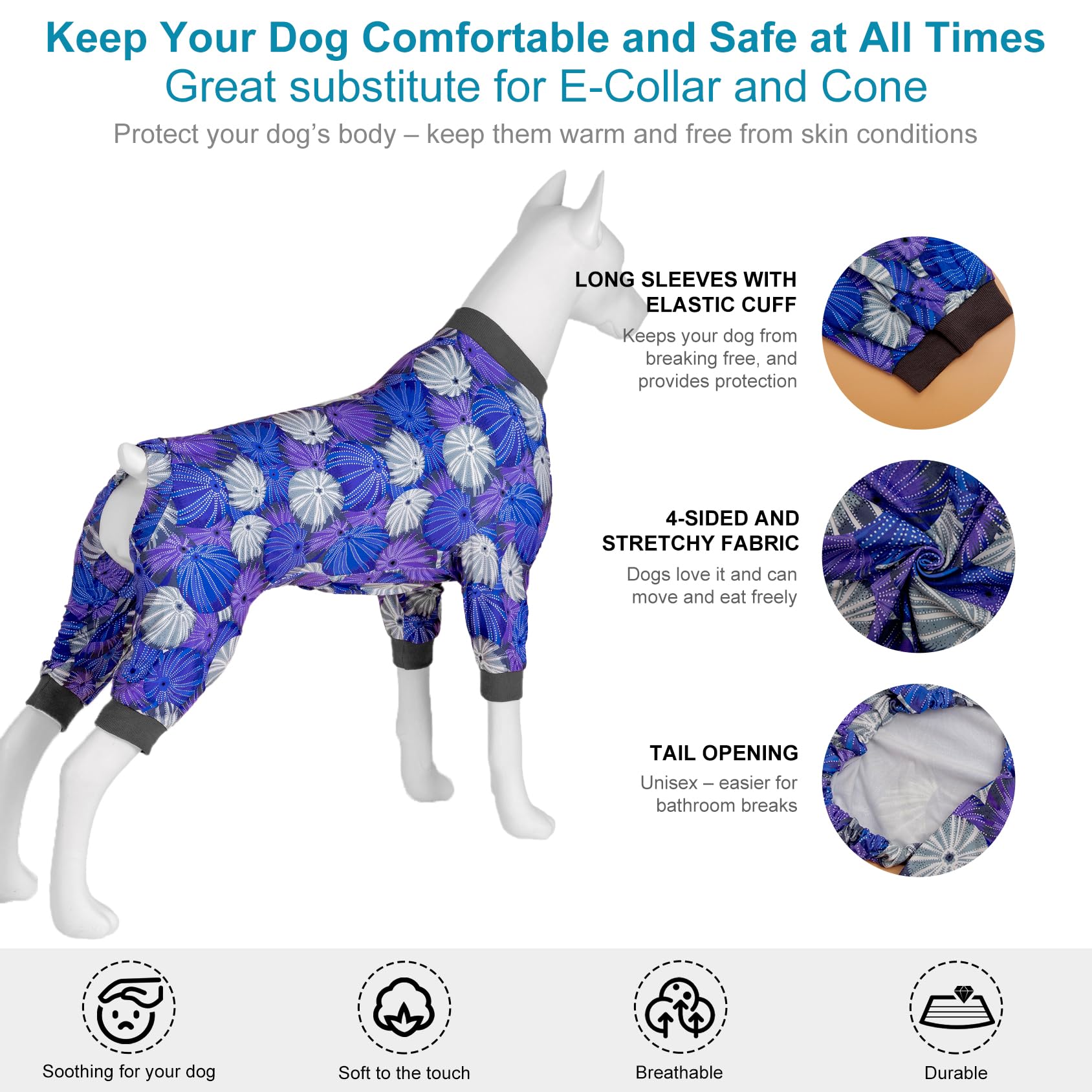 LovinPet Hundepyjama Für Große Hunde – Anti-Lecken, Bequem, Mit Seeigel-Print