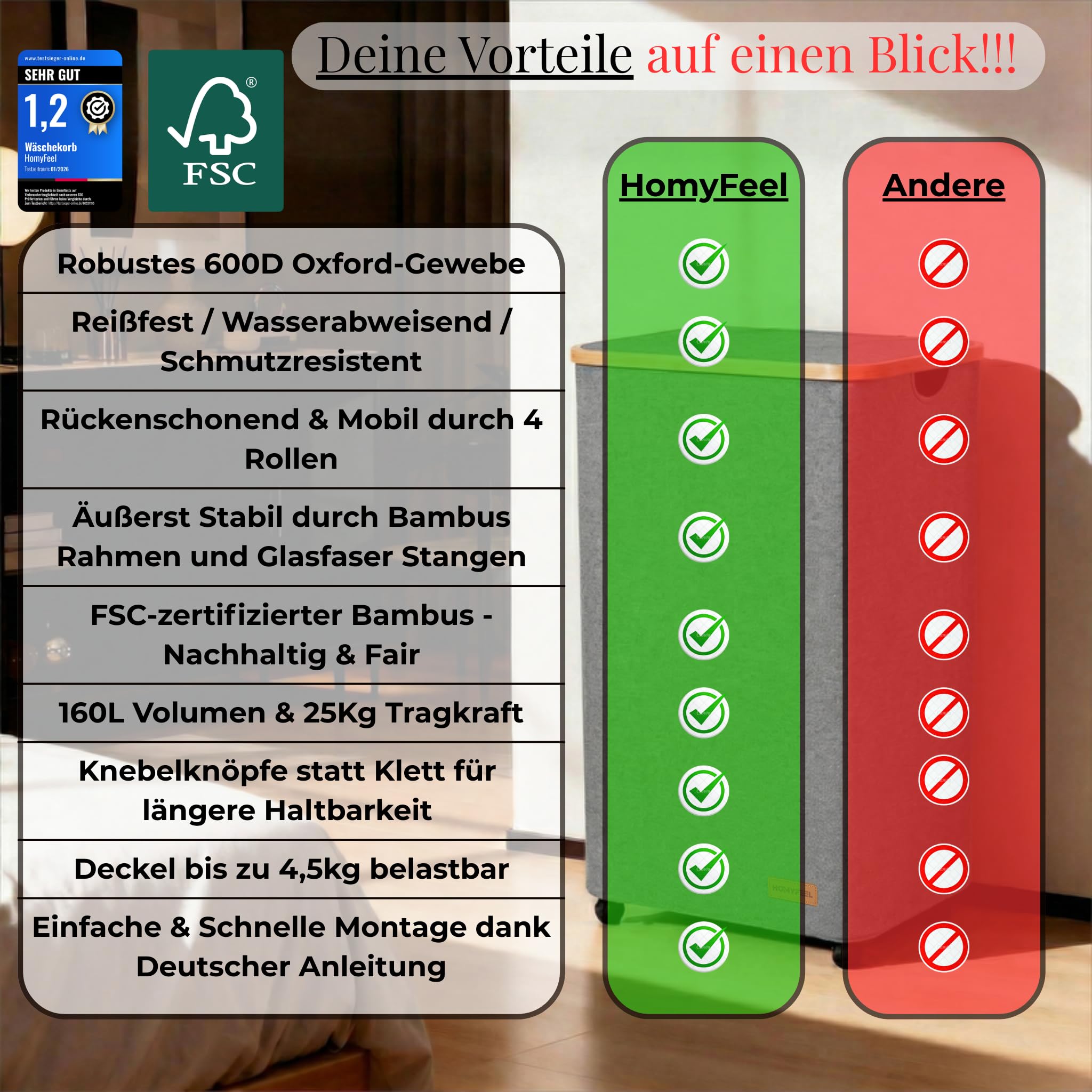 HomyFeel - wäschekorb 3 fächer rollbar, 160L, Wäschesammler mit Deckel, herausnehmbare wäschesack, Wäschekorb faltbar, Oxford Gewebe, Wäschebox auf Rollen, Griffe aus Bambus, 57x37,5x79cm, Grau - 5