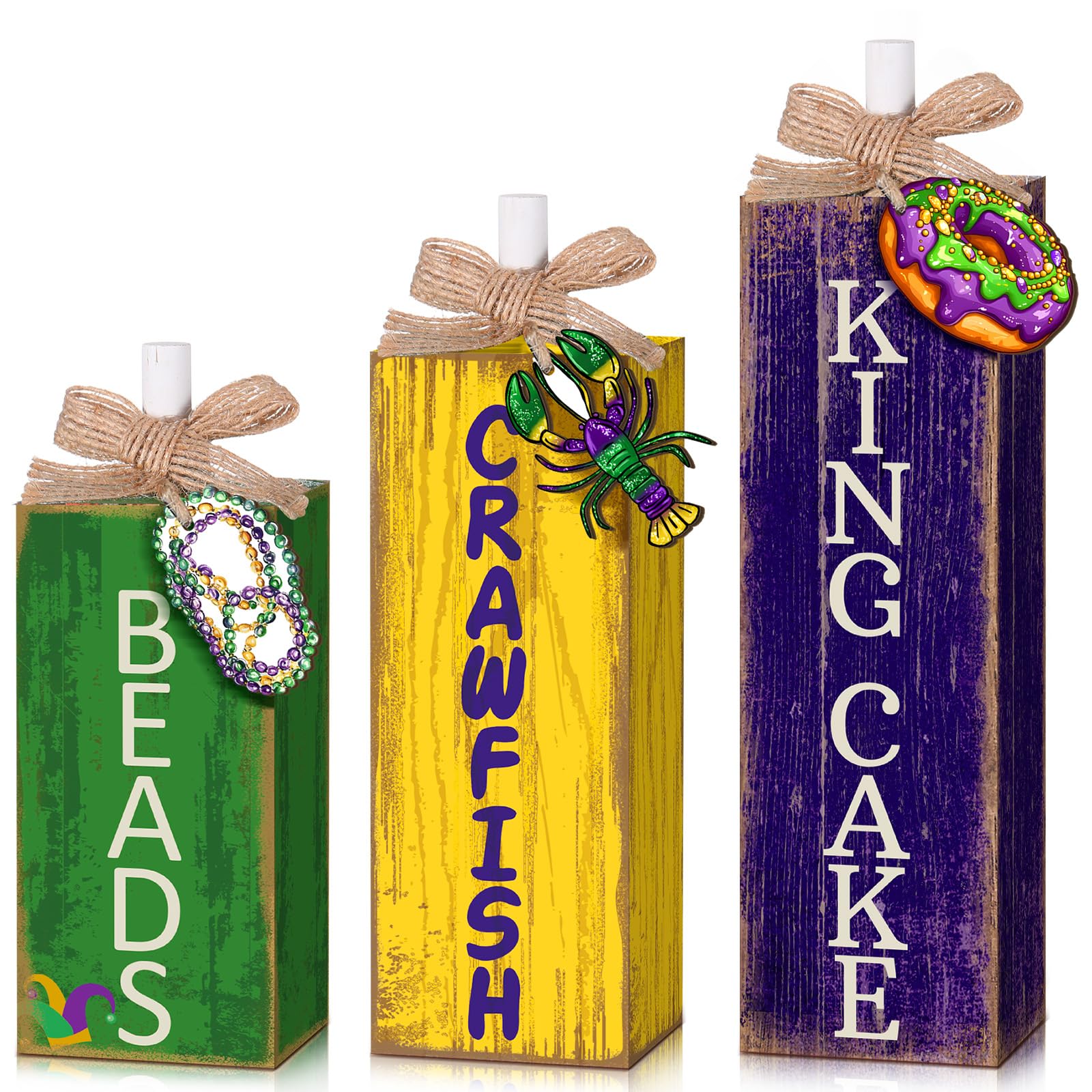 GlikCeil 3 Pcs Mardi Gras Table Decor Carnival Table Centerpiece Decorations Square Wood Mardi Gras Block Sign with Wooden Plaque and Bows for Home Carnival Party Desk Kitchen Decor