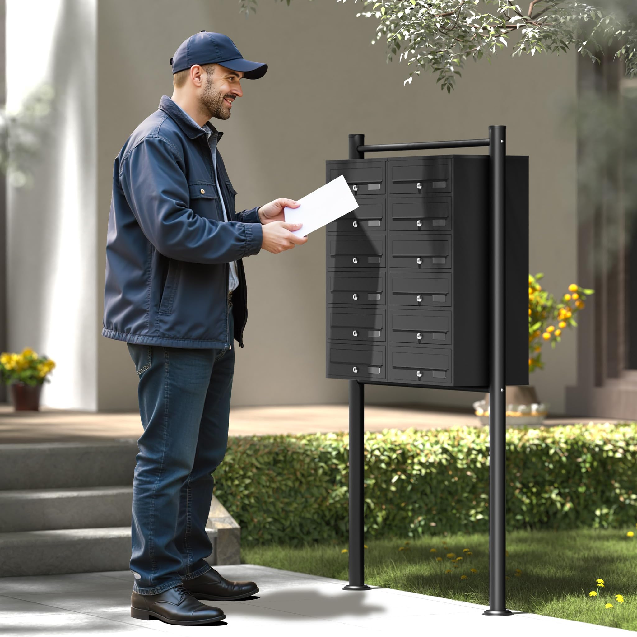 Wiltec Boîte aux Lettres sur Pieds Noire 945 x 270 x 1500 mm, avec 12 Compartiments verrouillables 2x6 et Porte-nom, Revêtement en Poudre, pour Courrier
