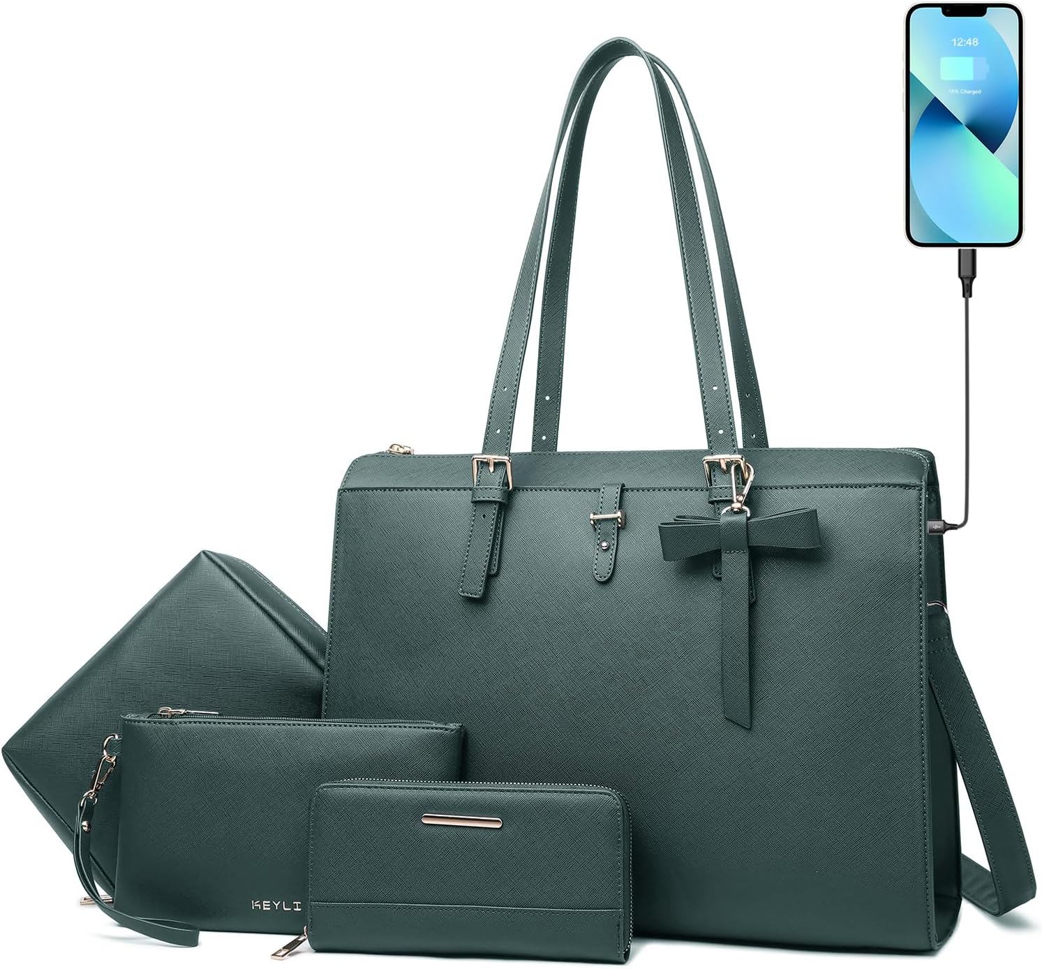 Keyli Laptop Bag for Women Large PU Leather Laptop Briefcase with USB Charging Port Computer Shoulder tote Bags Purse 4pc, Green