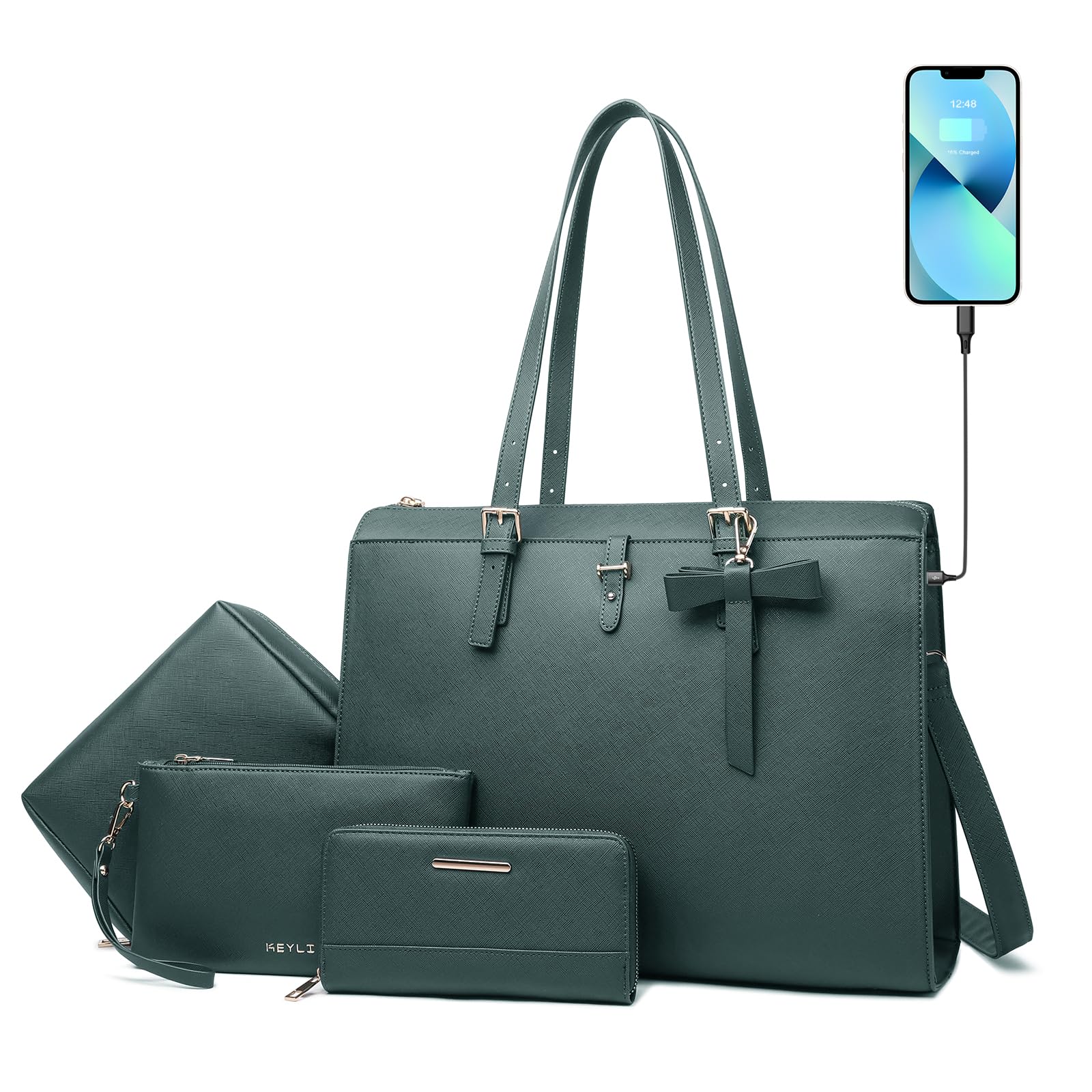 Keyli Zestawy 4 szt. torba na laptopa dla kobiet duża skórzana teczka na laptopa z portem ładowania USB komputer torby na ramię torebka