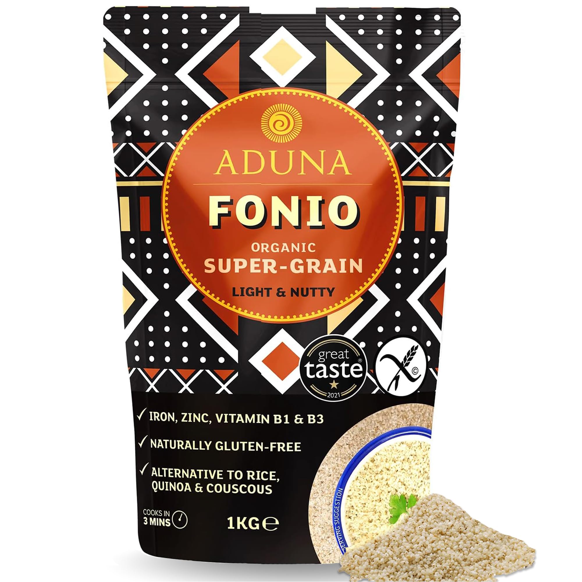 Aduna Organic Fonio Supergrain | Ancient African Whole Grain Rich in Iron, Zinc, B Vitamins & Fiber | Natural Gluten-Free Rice, Quinoa & Couscous Alternative | Porridge, Salads, & Stir-Fries | 1kgEU Organic