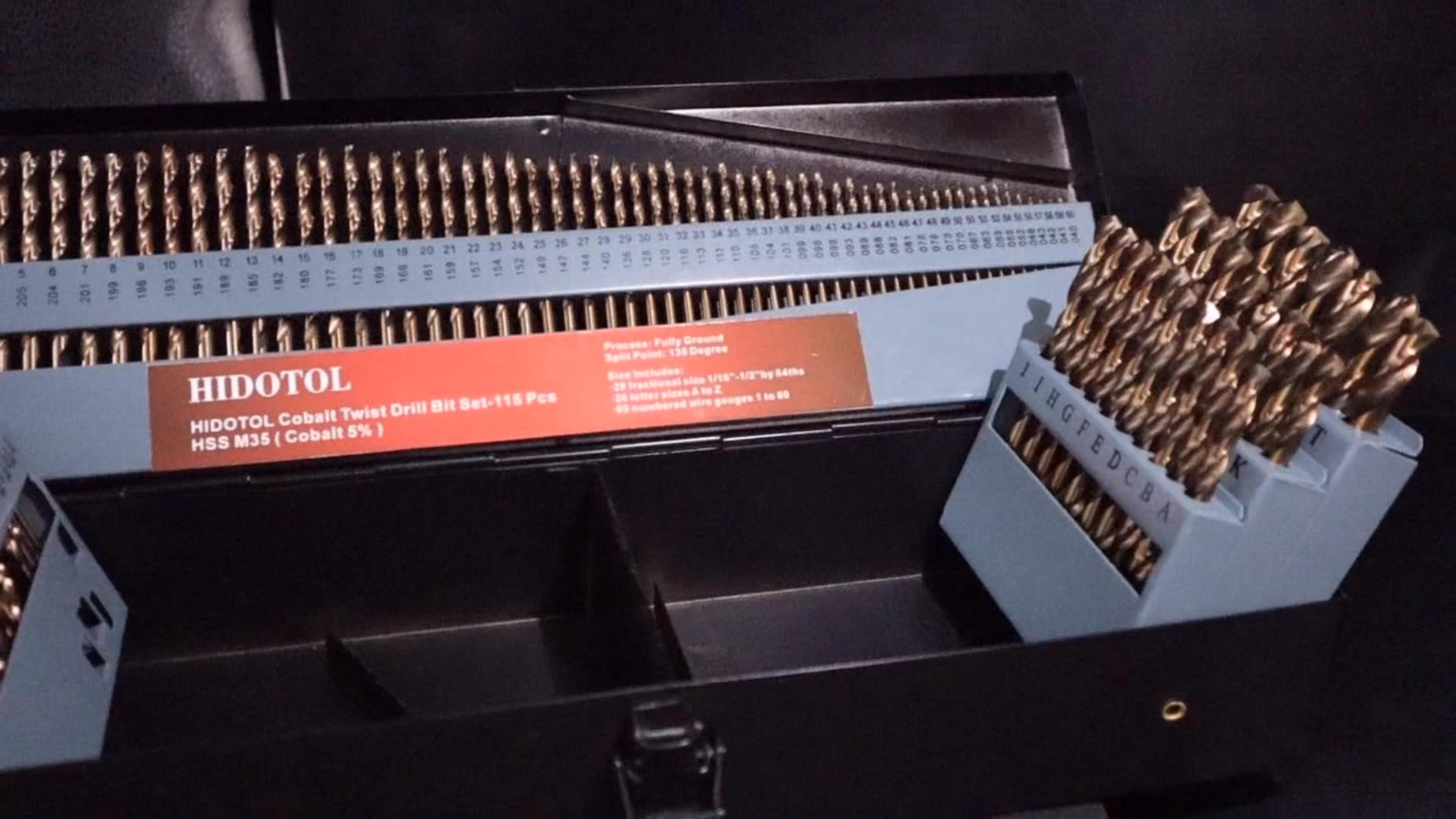 Image of HIDOTOL Cobalt Drill Bit Set 115 PCS - M35 High Speed Steel Twist Jobber Length Drill Bits for Hardened Metal, Stainless Steel, Cast Iron, Plastic and Wood, 1 /16 inch-1 /2 inch, A-Z, 1-60