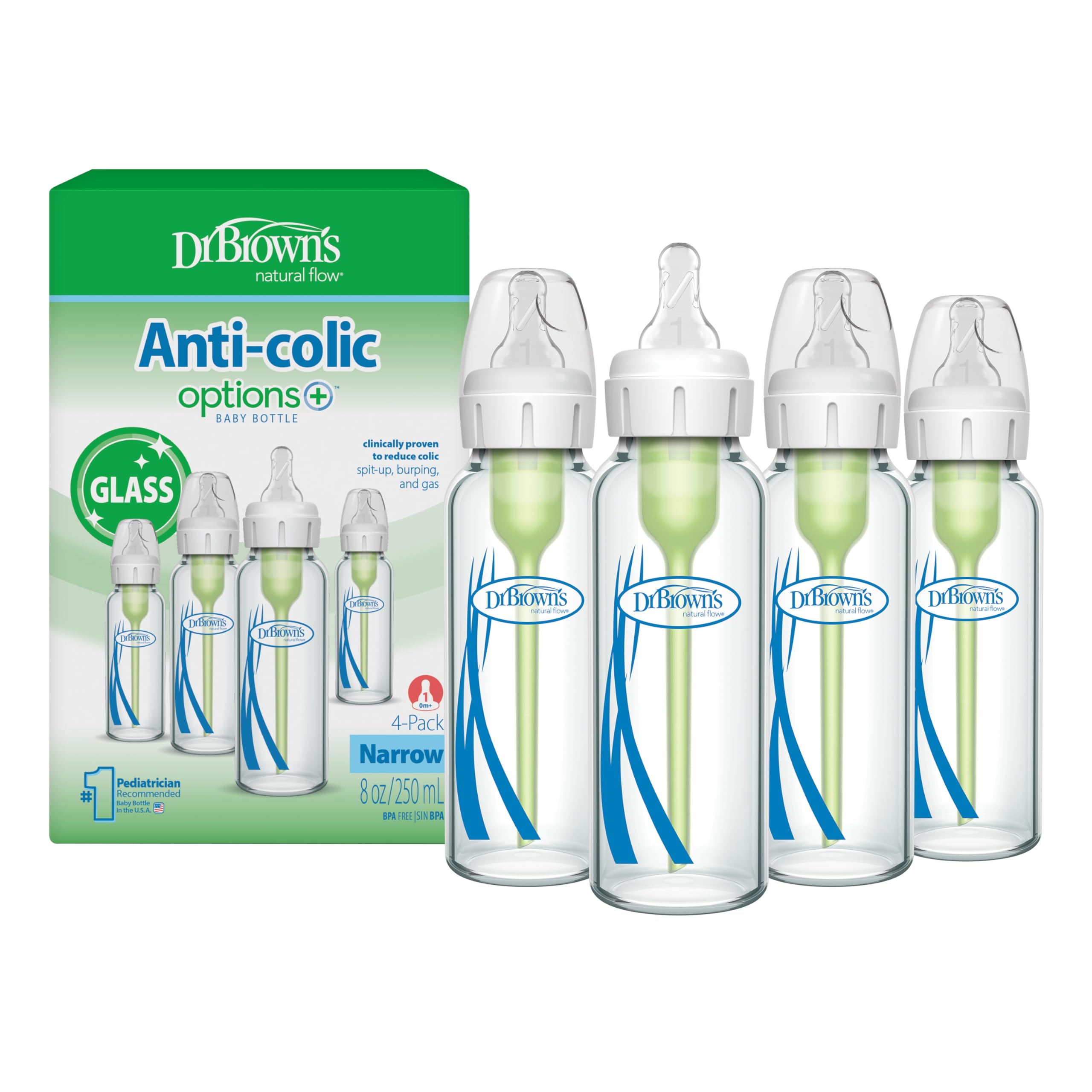 Photo 1 of Dr. Brown's Anti-Colic Options+ Narrow Glass Baby Bottle with Level 1 Slow Flow Nipple, BPA-Free, 8 oz/250 mL, 0m+, 4-Pack (Packaging May Vary)