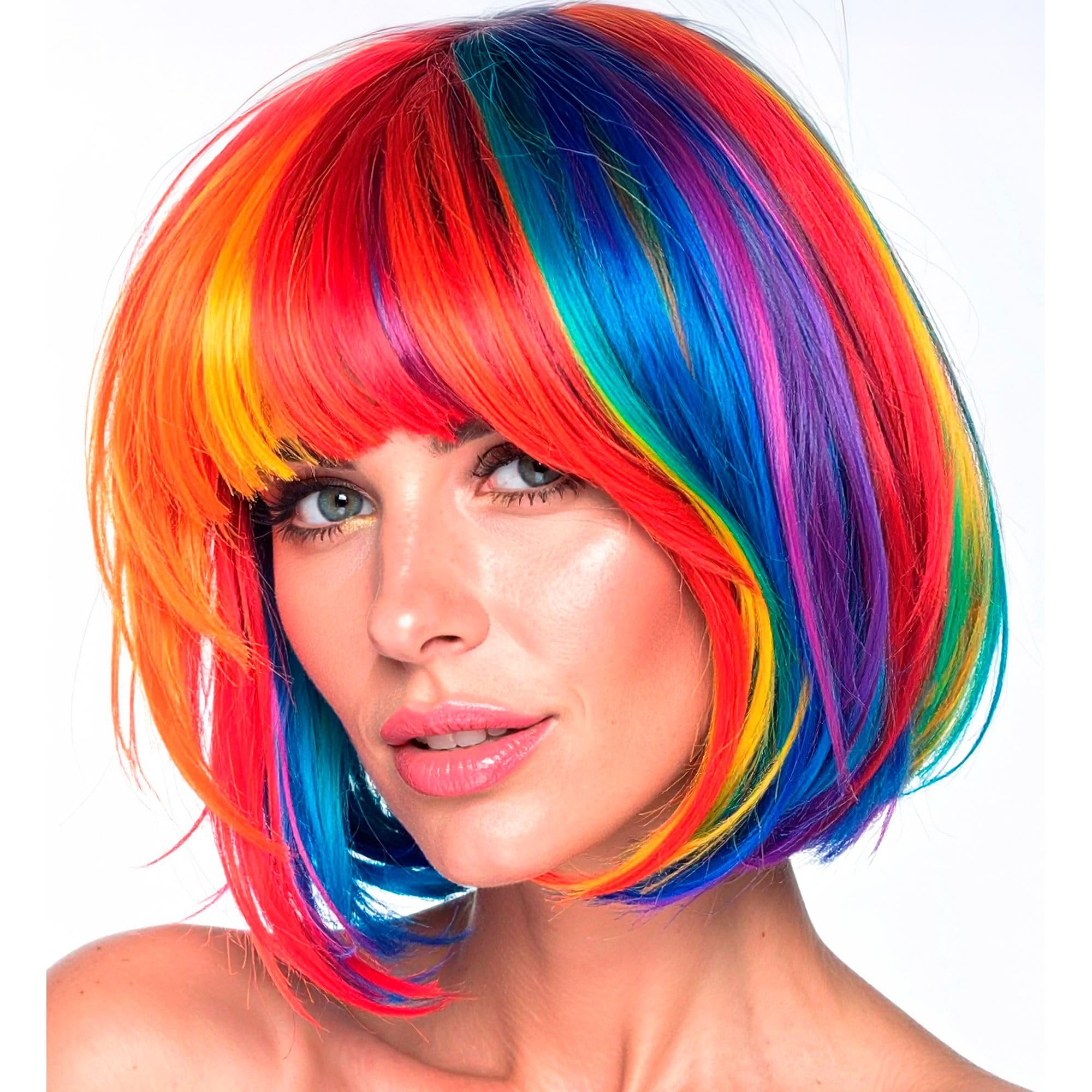 W WIDMANN MILANO Party Fashion - Regenbogen Perücke Bob mit Pony | Kostüm-Accessoire aus synthetischen Fasern für Pride, CSD, Karneval, Festival und Mottoparty