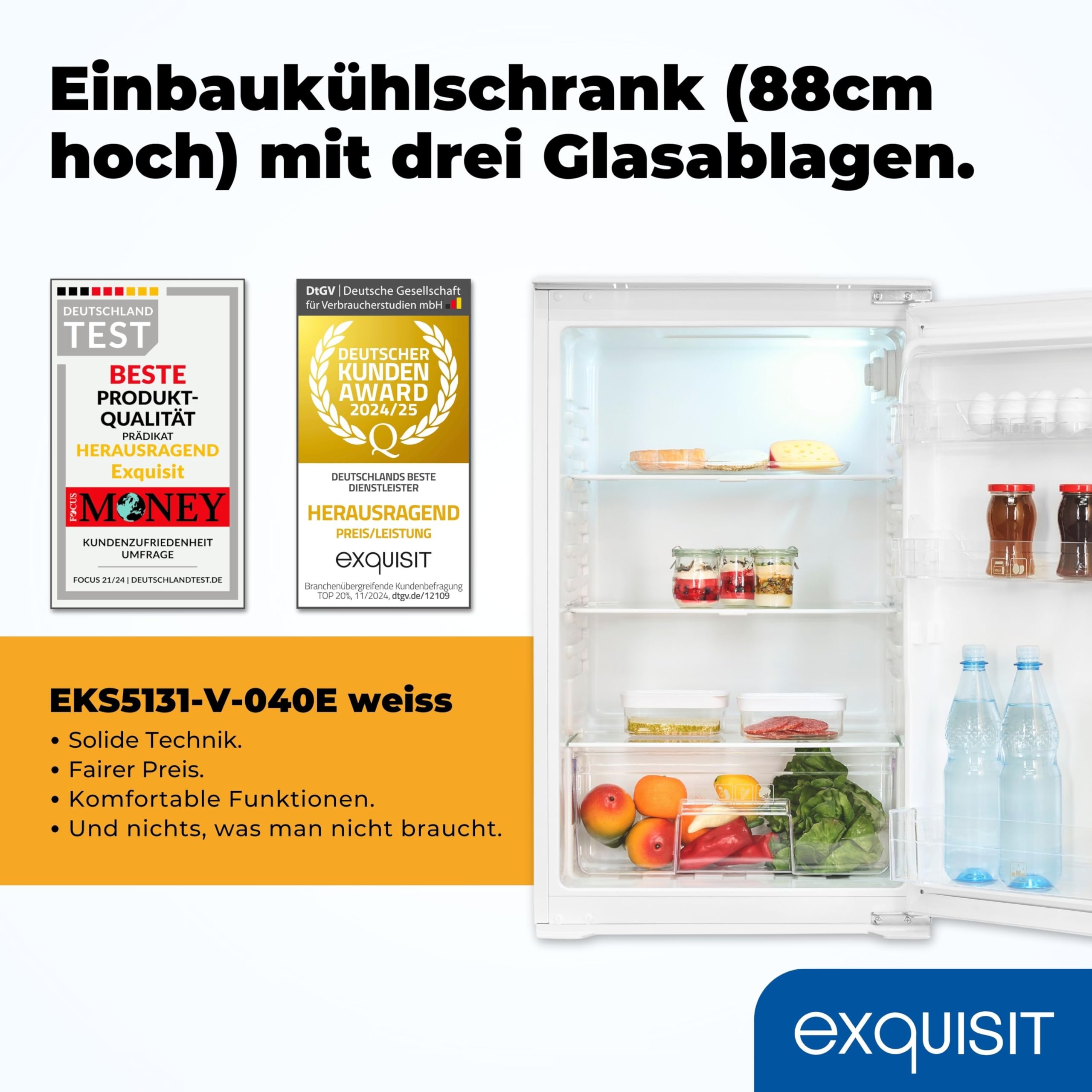 Exquisit EKS5131-V-040E Einbau-Kühlschrank 129 Liter 88 cm Nische Vollraumkühlschrank LED-Licht 39 dB leise Energieklasse E