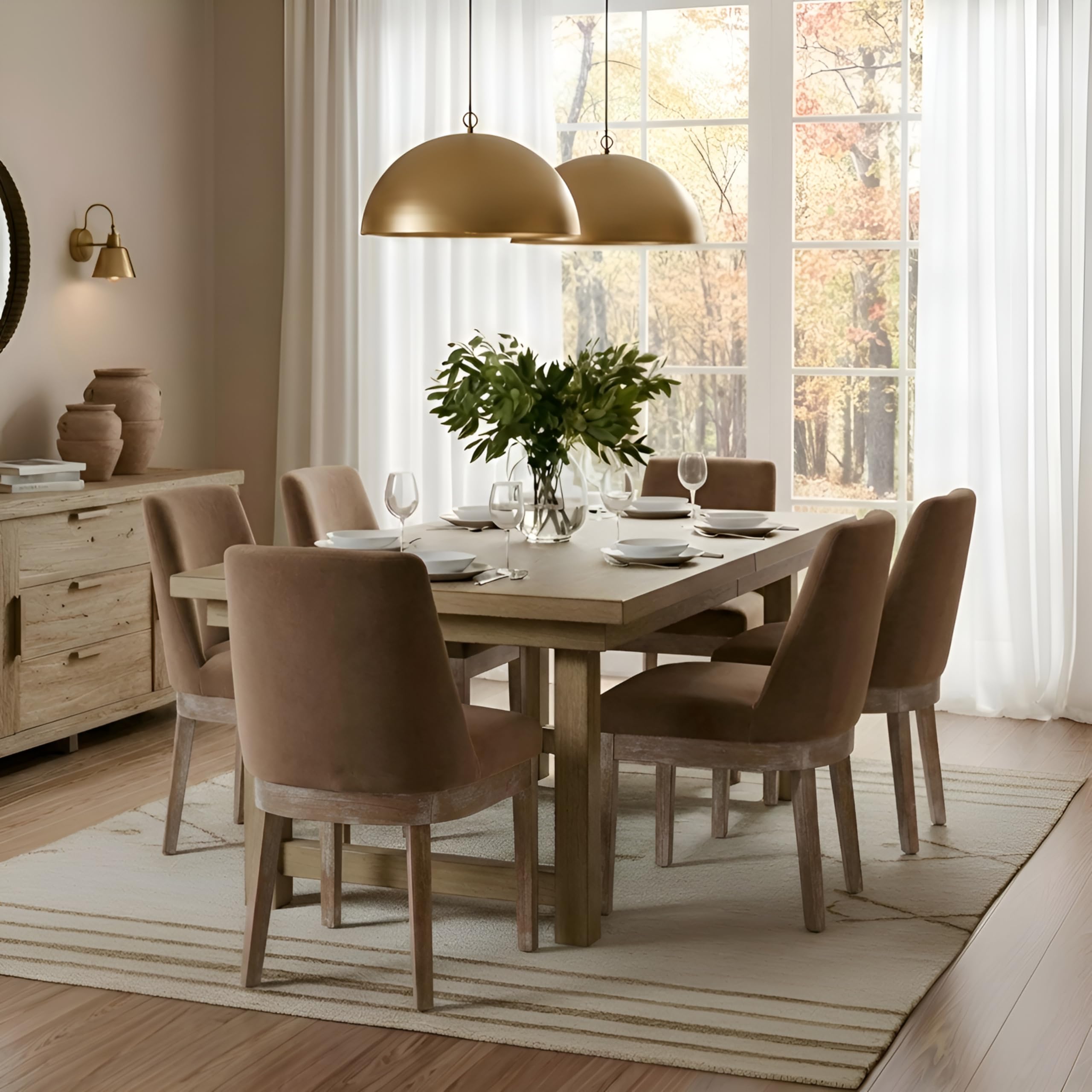 Upholstered Dining Chairs Set of 6 Linen Fabric Farmhouse Hardwood Frame Khaki