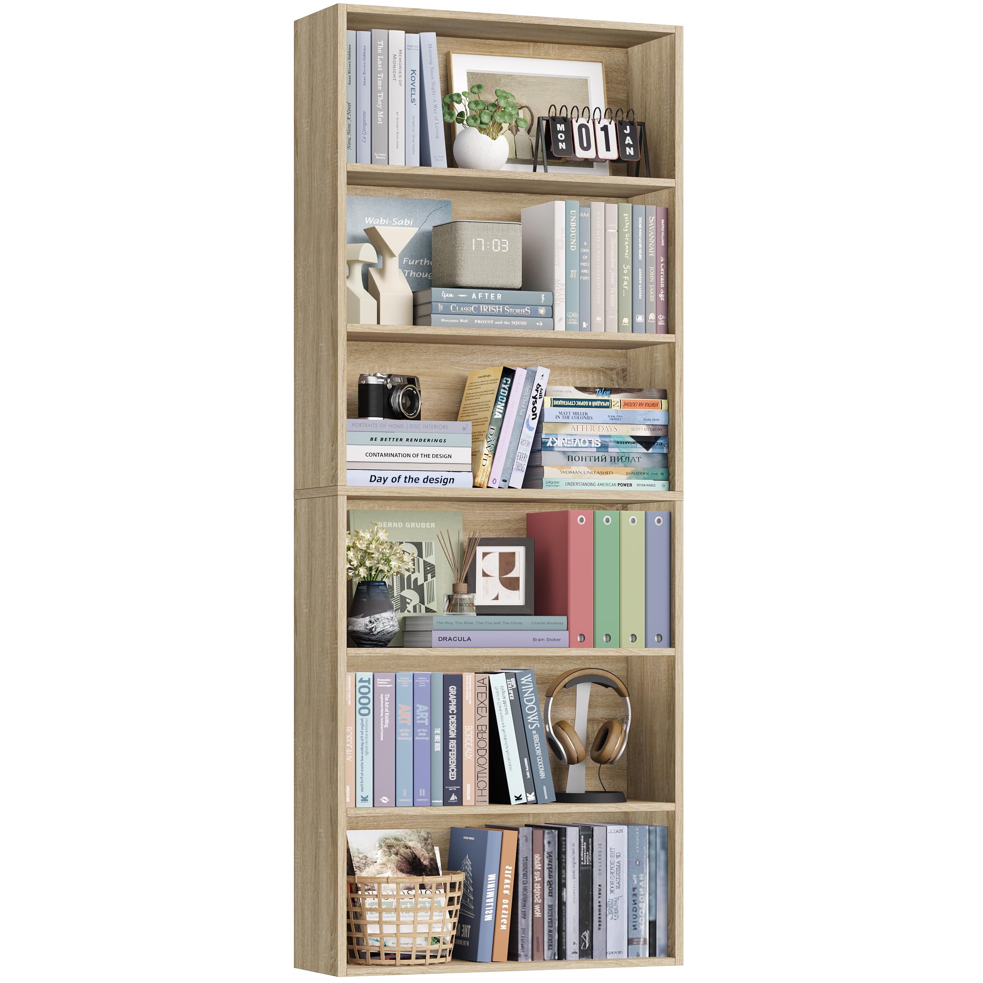 Six-Tier Industrial Bookshelf - Light Oak