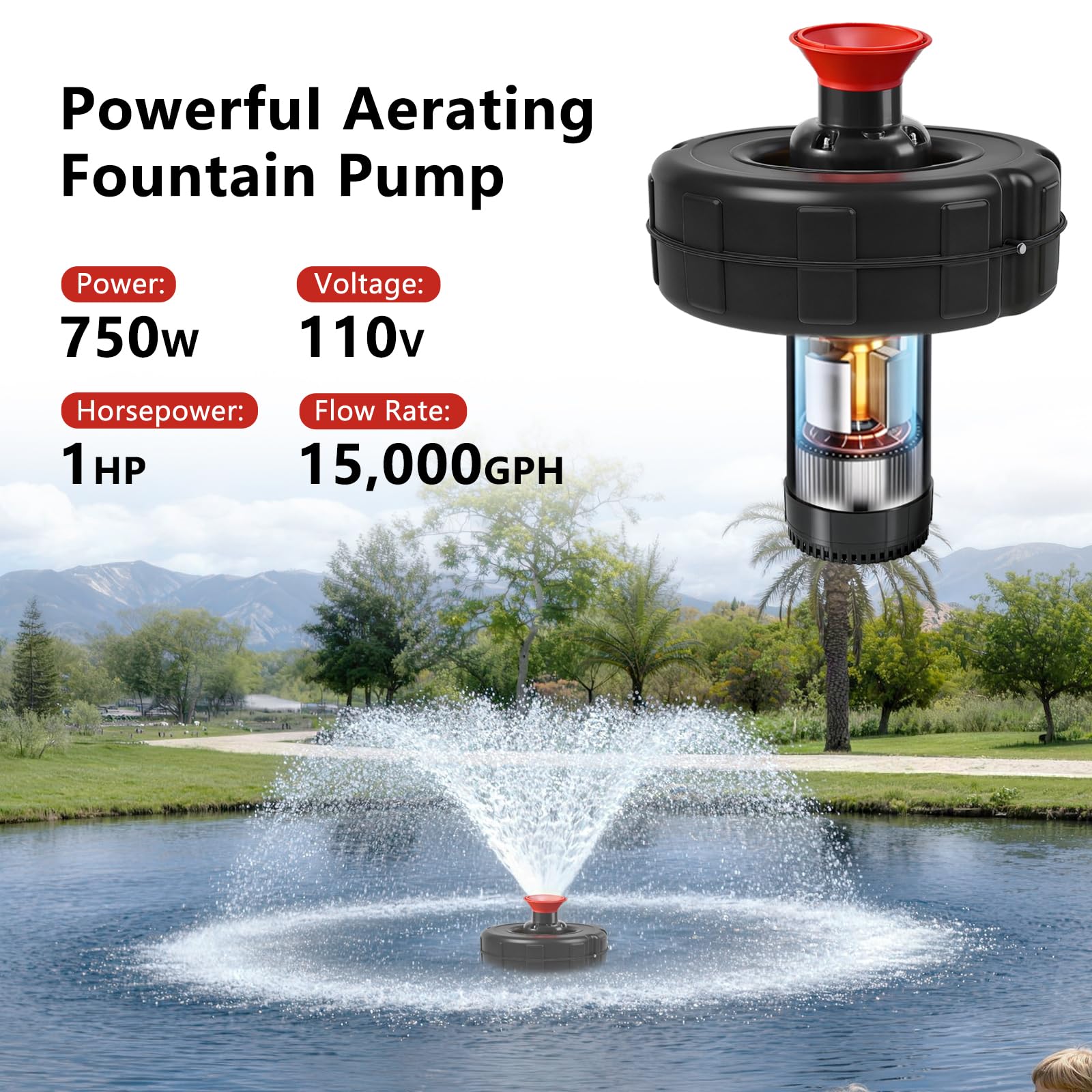 Aeratore per fontana per laghetti, pompa galleggiante da 1 HP 15000 GPH con timer e cavo da 30 m, sistema a getto in acciaio inox, per grandi laghetti e laghi all'aperto