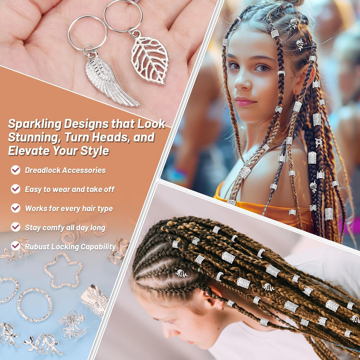 323 Pcs Silver Hair Jewelry for Braids, Dreadlocks, Twists and Locs, Adjustable Cuffs Rings and Charms Beads Accessories for Women Men, Perfect for Parties, Weddings, Festivals and Daily Wear