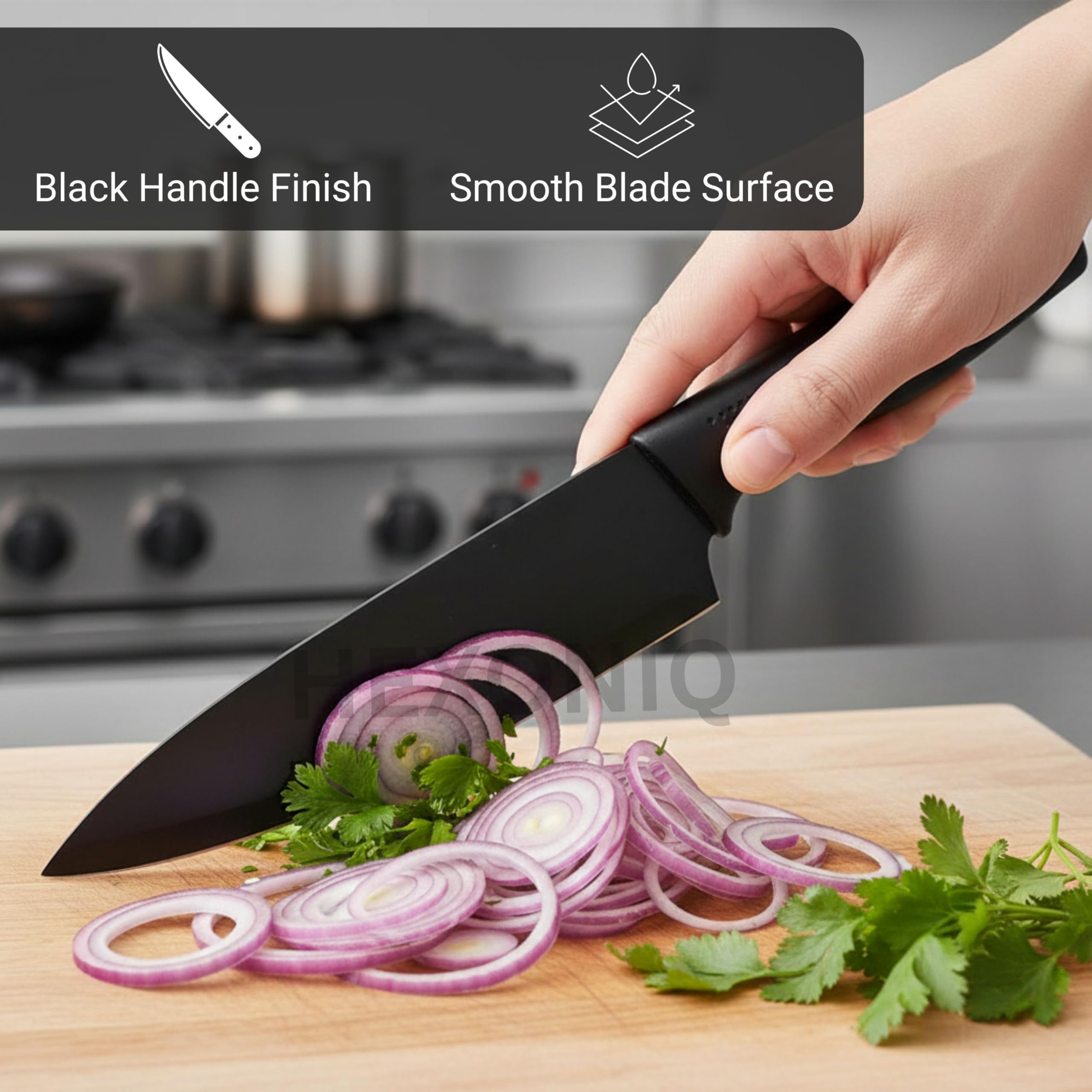 HEXONIQ® Stainless Steel Kitchen Knife Set, Professional Chef Knife with Santoku Paring Knife Vegetable Cutting & Chopping Sharp Blade, Ergonomic Handy Handle for Kitchen, Restaurant, Black, Pack of 2 2