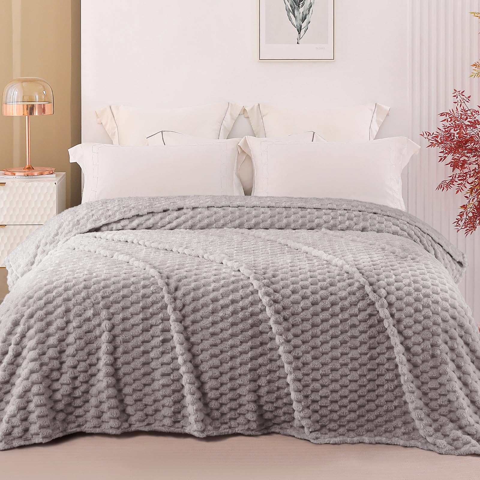 Exclusivo Mezcla Coperta Plaid Pile da Letto, 230x270 cm, Grigio Chiaro | Coperta in Flanella Jacquard 3D Elegante per Divano, Doppia Faccia Morbida, Facile Manutenzione e Leggera, per l'Estate