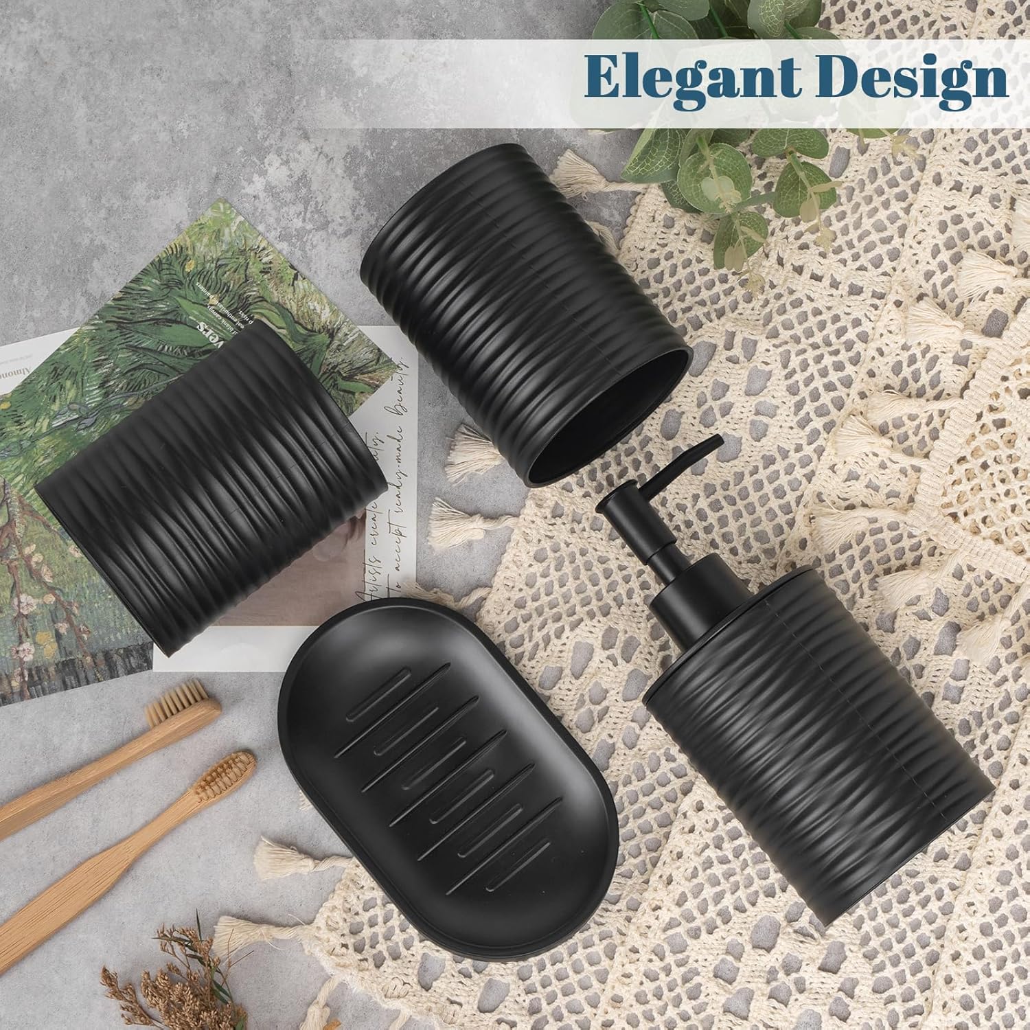 Plastic Bathroom Accessories Set 4Pcs, Black Bathroom Accessory Set Includes Liquid Soap Dispenser with Rust-Proof Plastic Pump, 2Pcs Bathroom Cup, Soap Dish for Modern Home Apartment - Image 3