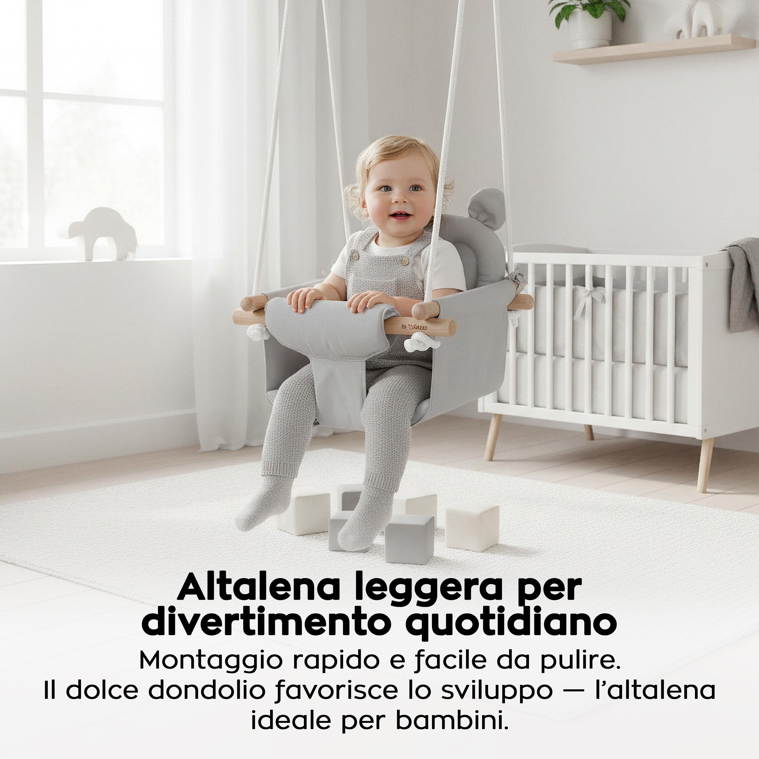 Tulano Hop 30 Altalena per bambini 6-36 mesi - Per interno ed esterno - Con cintura di sicurezza e cuscino - In legno e cotone - Facile da installare - Resistente fino a 36 kg – Grigio