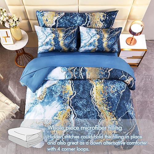 Miniatura 4 de PERFEMET Juego de edredón de 6 piezas tamaño Queen en una bolsa, juego de edredón azul y dorado, edredón de mármol acuarela con sábanas, suave,