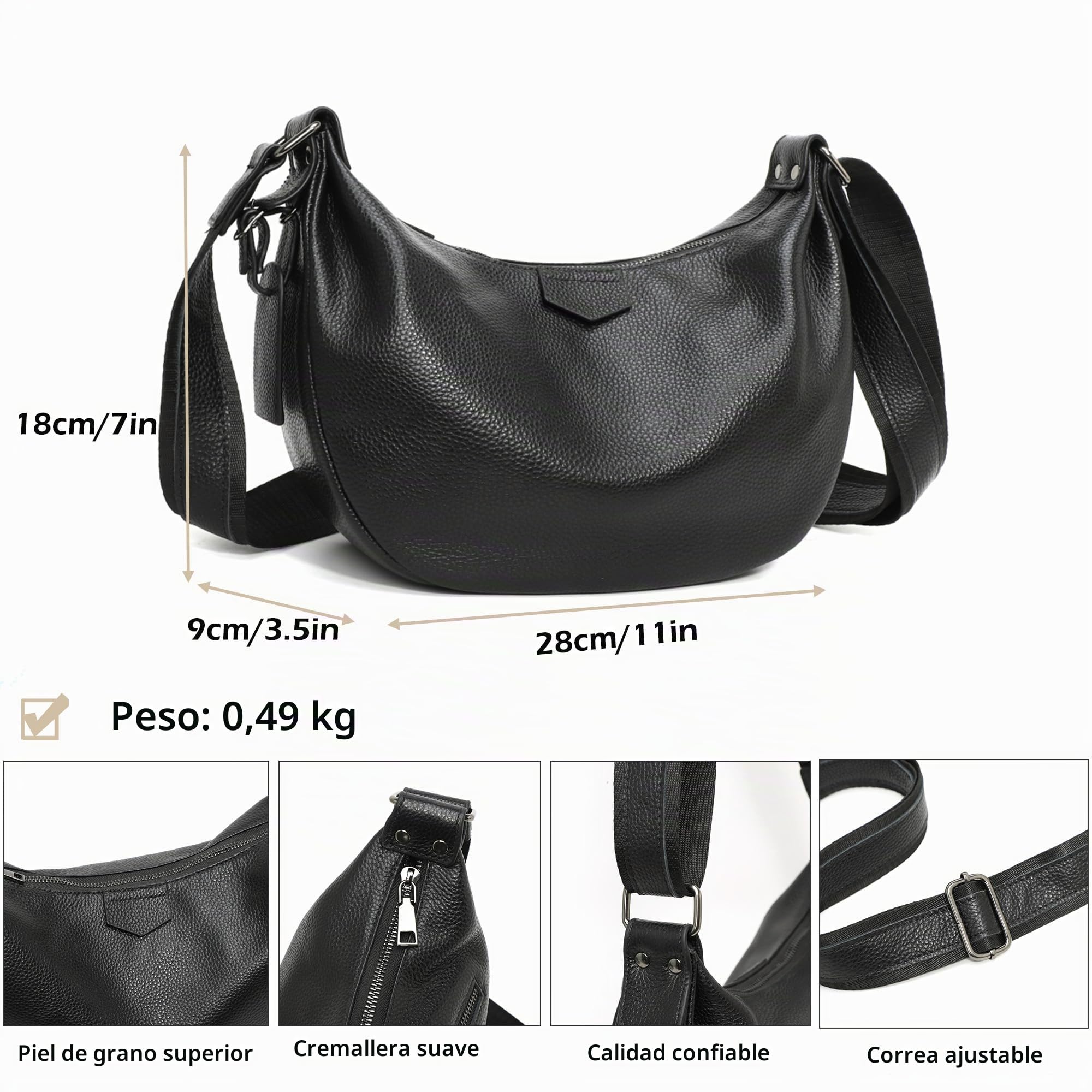Micmores Bolso Bandolera de Cuero Auténtico para Mujer Tamaño Mediano - Bolso Cruzado con Correa Ajustable - Bolso de Hombro Media Luna para Trabajo, Viajes y Uso Diario