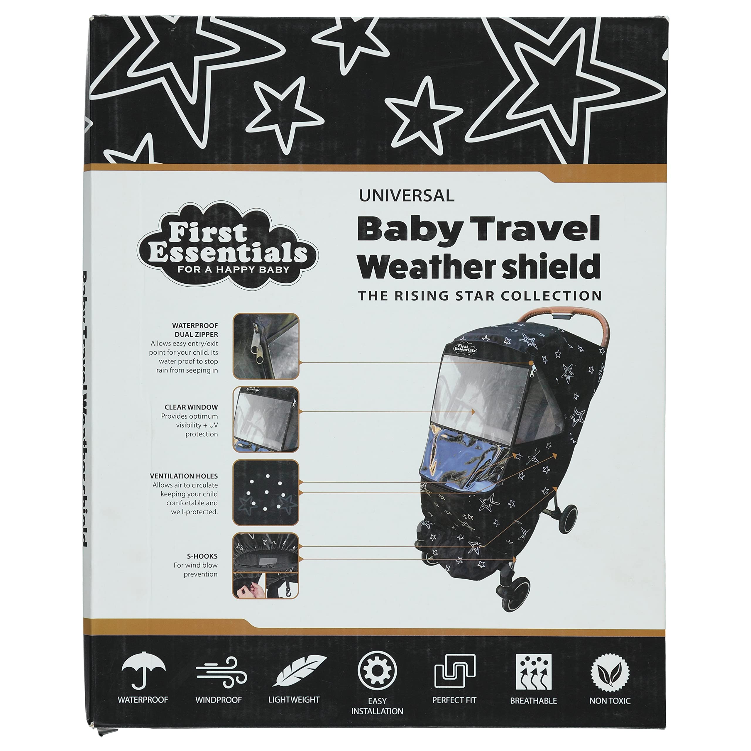 First Essentials Funda para cochecito de lluvia universal, protector contra la intemperie, resistente al viento, resistente al agua, protege del polvo y la nieve (negro)
