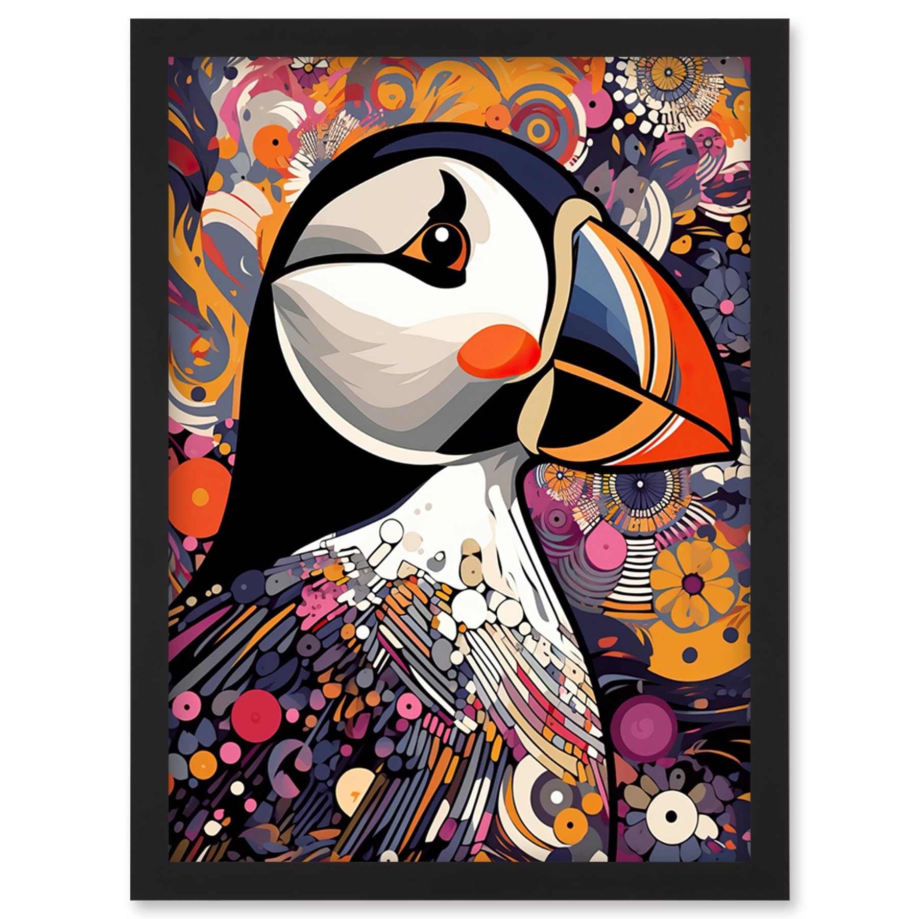 Artery8 Puffin Bird Geometric Patterns Colourful Busy Bright Psychedelic Modern Maximalist Artwork Framed Wall Art Print A4