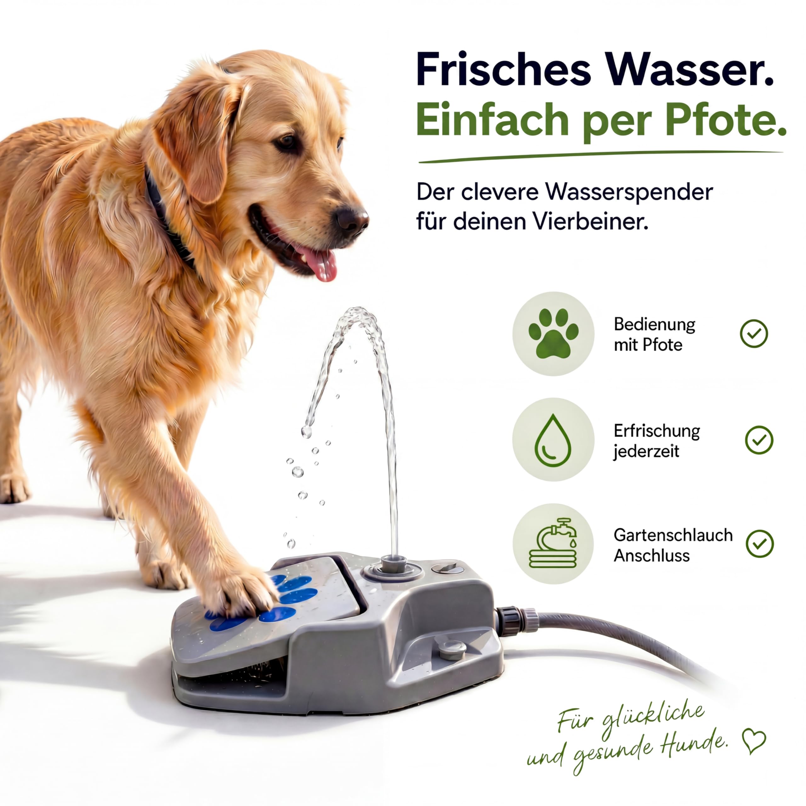 Trinkbrunnen für Hunde – Interaktives Wasserspielzeug Hund mit 3 Sprühstufen – Hunde Wasserspielzeug mit Gartenschlauch Anschluss – Outdoor Splash Spielzeug Garten