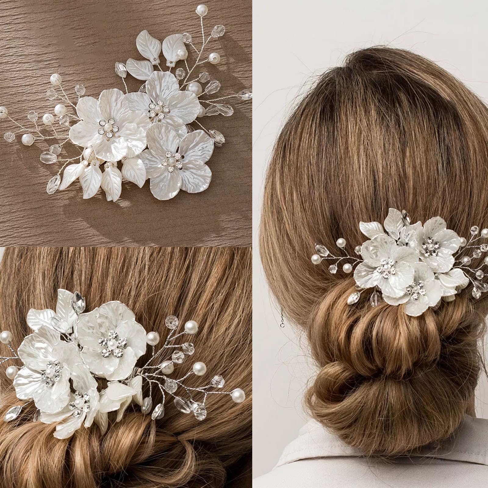 3 forcine per capelli da sposa con perle di cristallo, accessori per capelli da sposa, gioielli con strass, glitter in rilievo fiore bianco
