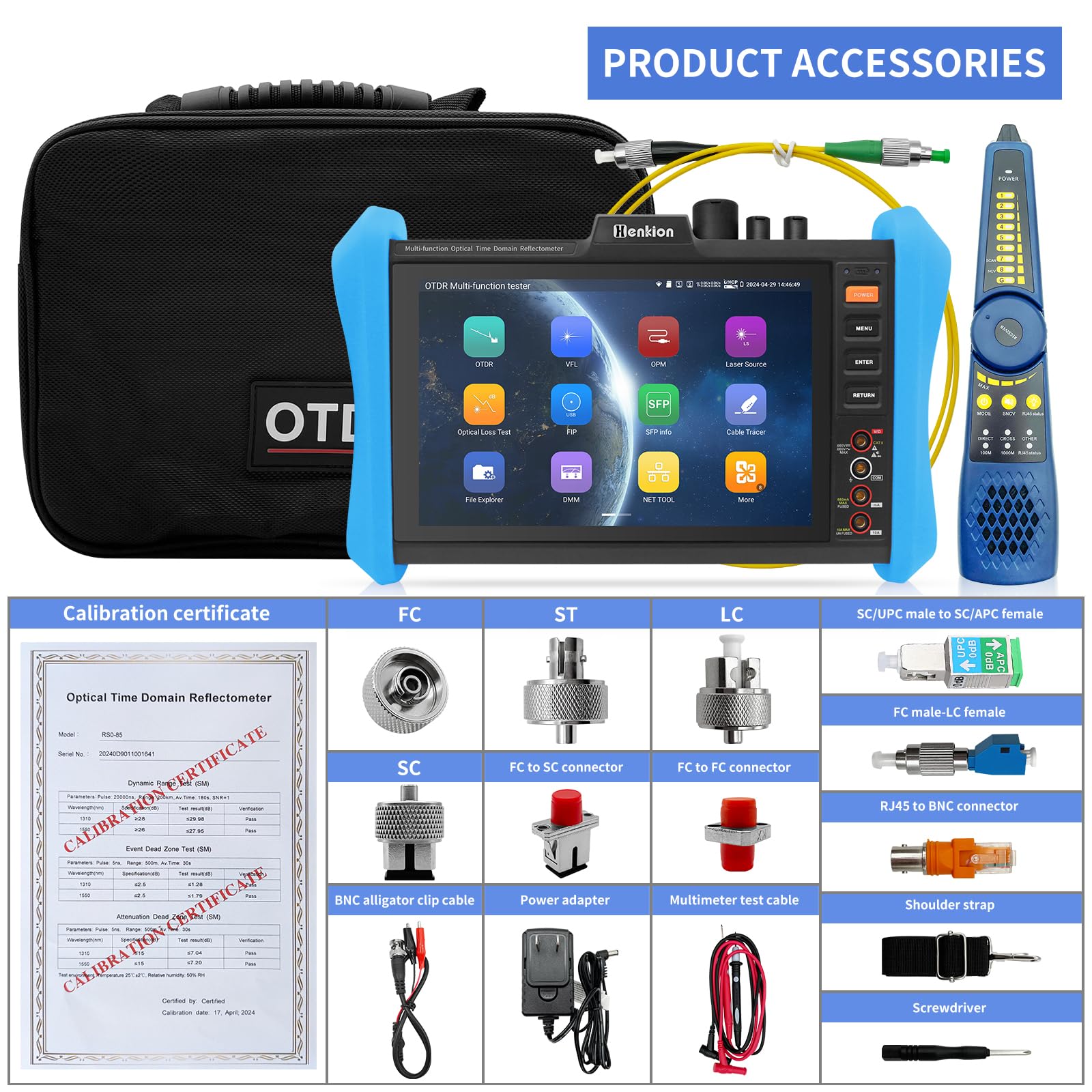 Henkion OTDR-Glasfasermessgerät 8 Zoll IPS-Touchscreen, 1610 nm 28 dB Live Testing, Multifunktionaler Netzwerktester mit Event Map, LS, OPM, VFL, OLS, Digitalmultimeter, SFP, WLAN und RJ45 Kabeltest