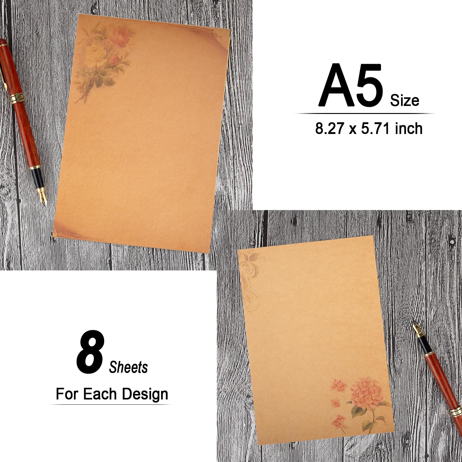 64 piezas de papel de papelería de 8 estilos, 5.7 x 8.3 pulgadas, tamaño A5, impresión floral vintage, retro, papel de escritura en blanco para cartas personalizadas antiguas, notas y poemas
