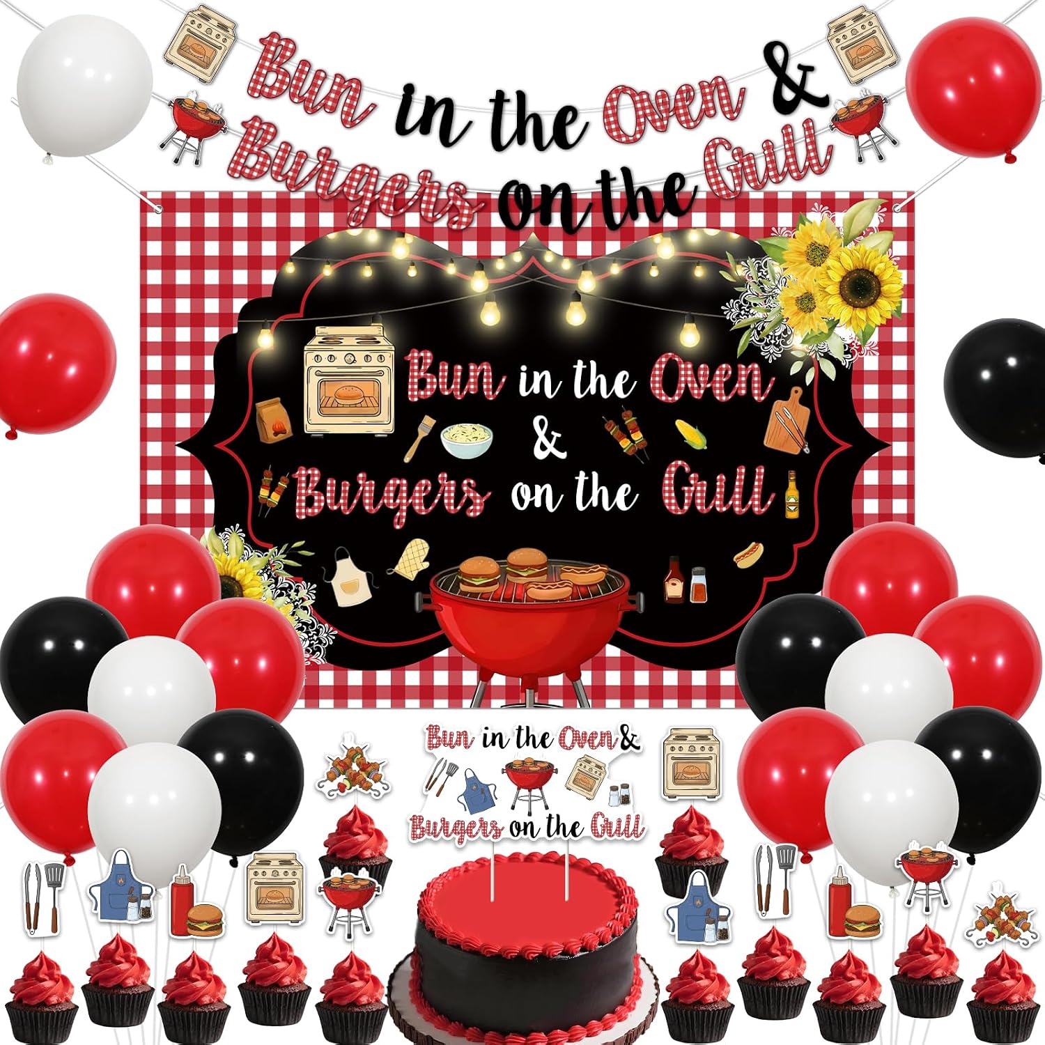 Bun in the Oven and Burgers on the Grill Baby Shower Decorations, BBQ Theme Banner Backdrop Cake Topper Cupcake Toppers with Red Black White Balloons for Gender Neutral Picnic Party