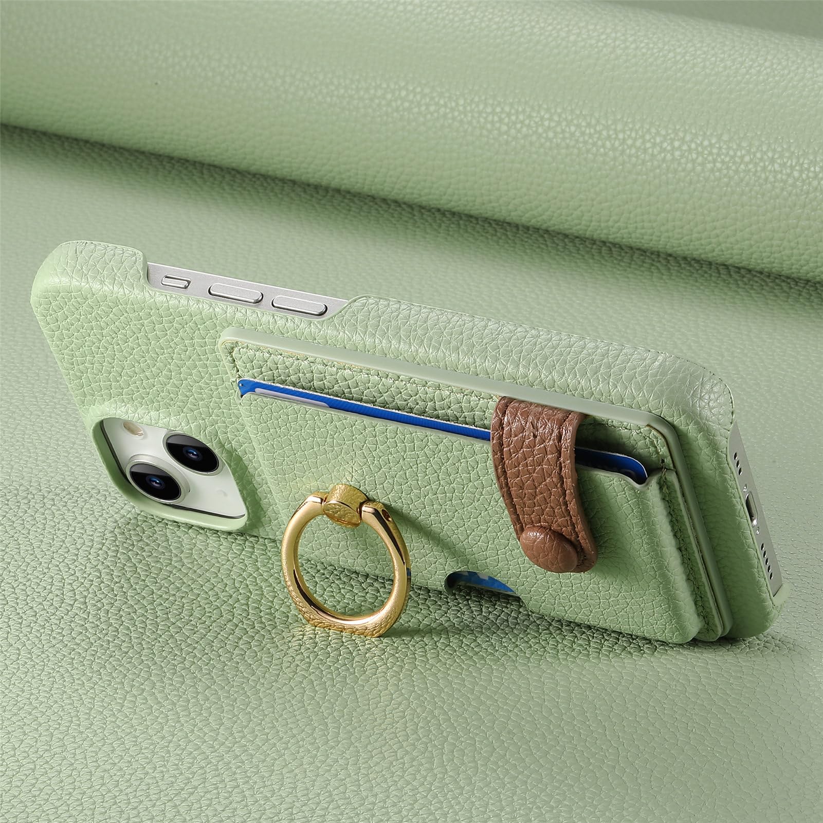 HAZARA Lederhülle Für 14 Pro Max/14 Plus/14 Pro/14, Mit Ring Halterung Und Kartenhalter, Stoßfester Stoßfänger TPU Hülle,Green1,15plus 6.7''