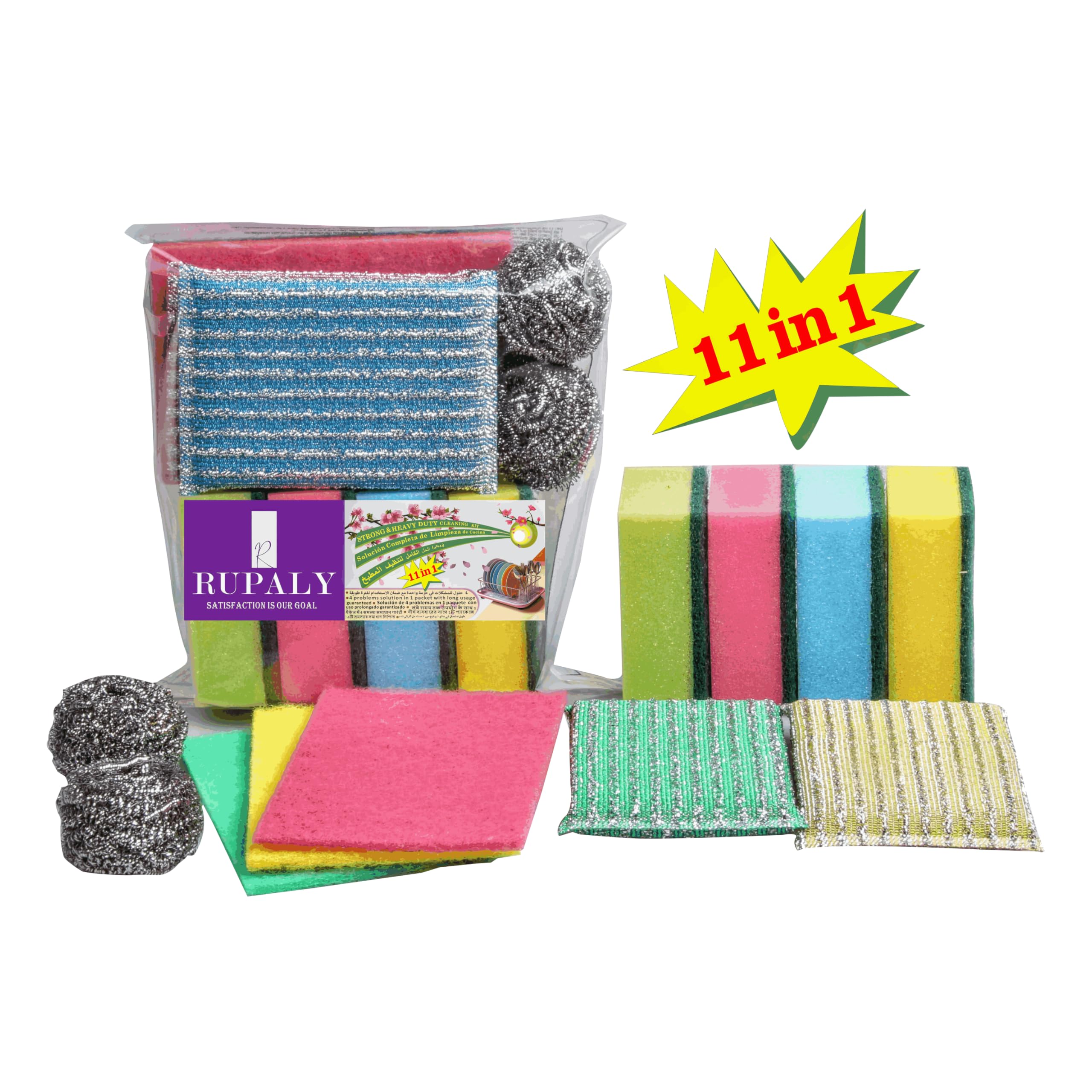 RRUPALYNEW 11 Piece Kitchen, Car ETC Washing Heavy Duty All in One Money Saver Solutions Cleaning Sponge, For Sensitive & Strong Surfaces, Long-Lasting & Durable, Multi Colors (11 Pieces Per Pack)