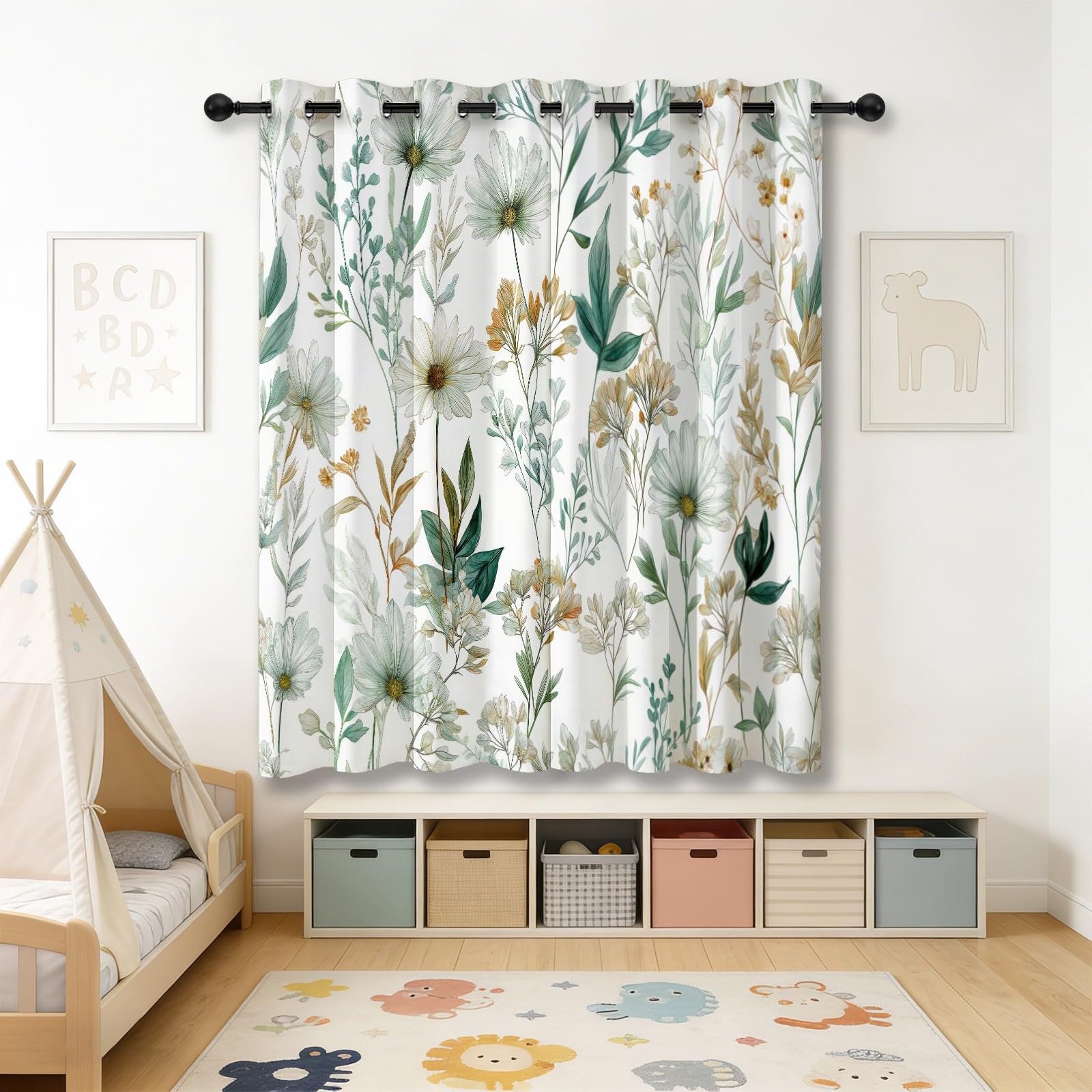 Generisch Natur Landhausstil Verdunkelungsvorhang, Aquarell Blumen Blätter Bedruckter Wärmeisoliert Vorhänge mit Ösen, Weiß Vorhang für Schlafzimmer Wohnzimmer, H215 x B110 cm x 2 Vorhänge