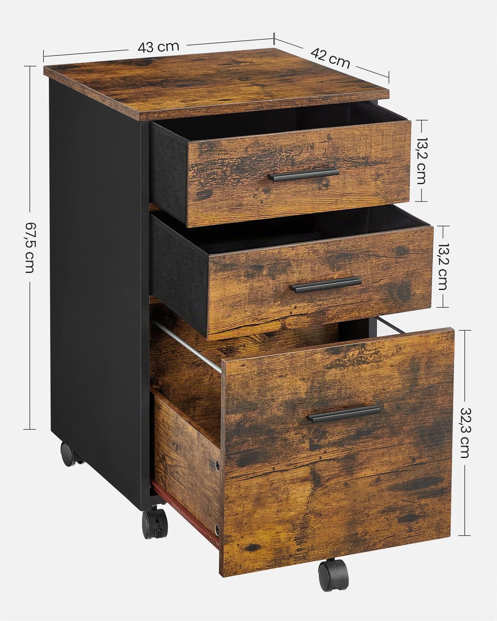 VASAGLE Rollcontainer, Aktenschrank mit 3 Schubladen, mit Rollen | Büroschrank, 2 davon aus Stoff, 1 Schublade aus Spanplatte, vintagebraun-schwarz, CUSTOS Kollektion OFC046KD01