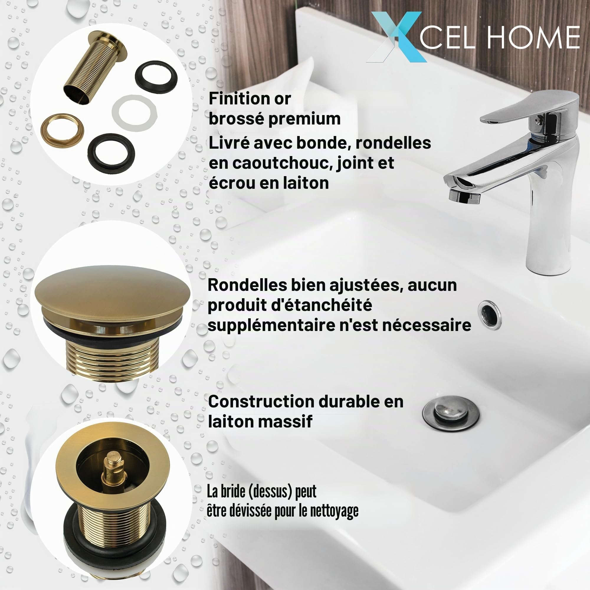 Bonde Clic-Clac Dorée Brossée Bouchon Laiton | G 3,2 cm | 1 Pièce
