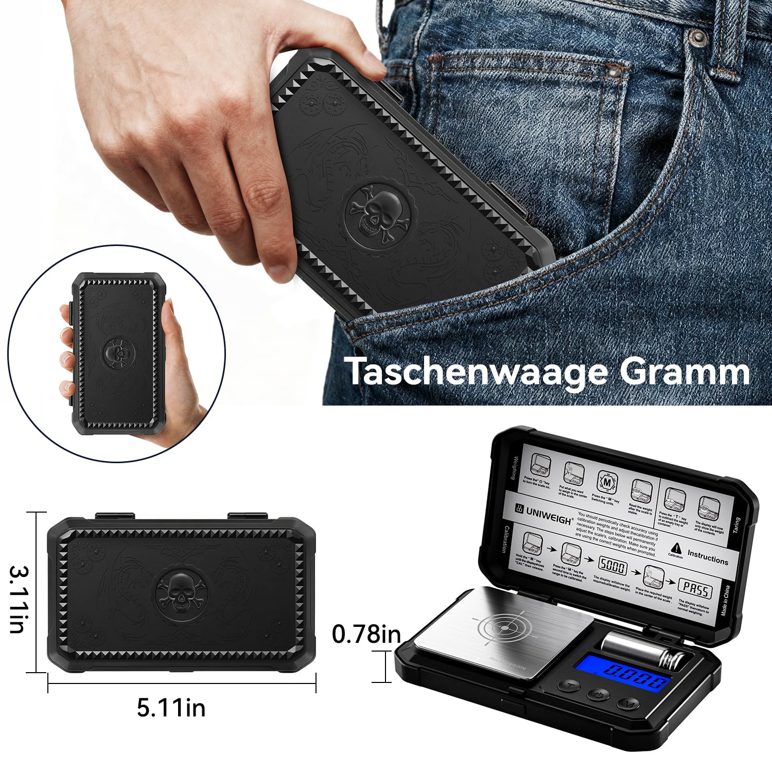 UNIWEIGH Milligramm-Waage 50g/0.001g Hochpräzise, Digitale Schmuckwaage Mit LCD/Tara, 6 Einheiten, Mikro-Gramm für Pulver, Medizin, Münze, Gold, Reloading - Inkl. Cal Weight, Batterien