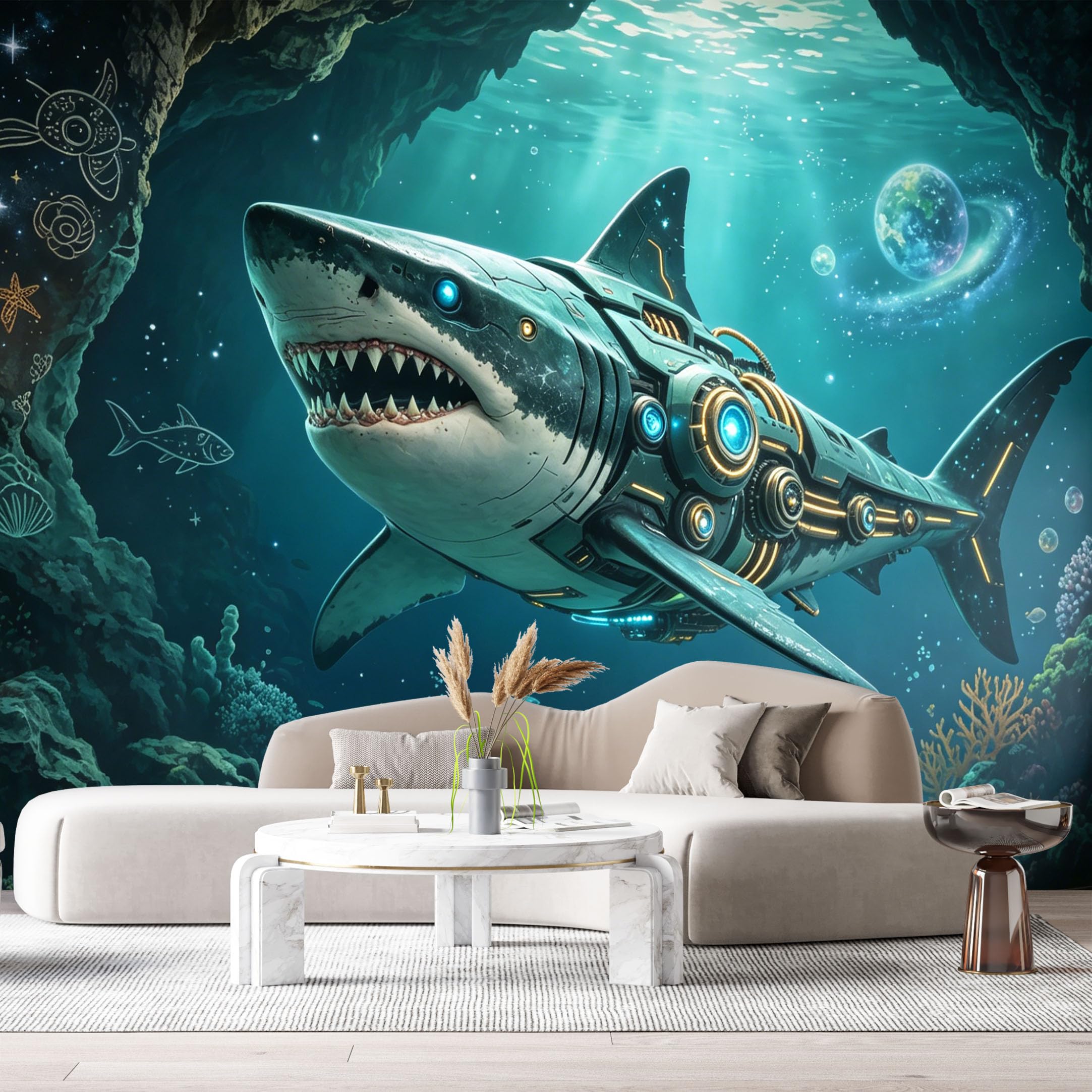 Custom Size Wall Mural Mechanical Aquatic Predator Futuristic Ocean SciFi SelfAdhesive Art Prints Removable Large Wallpaper Boy Bedroom Esports Room Game Room Tenant Room Studio