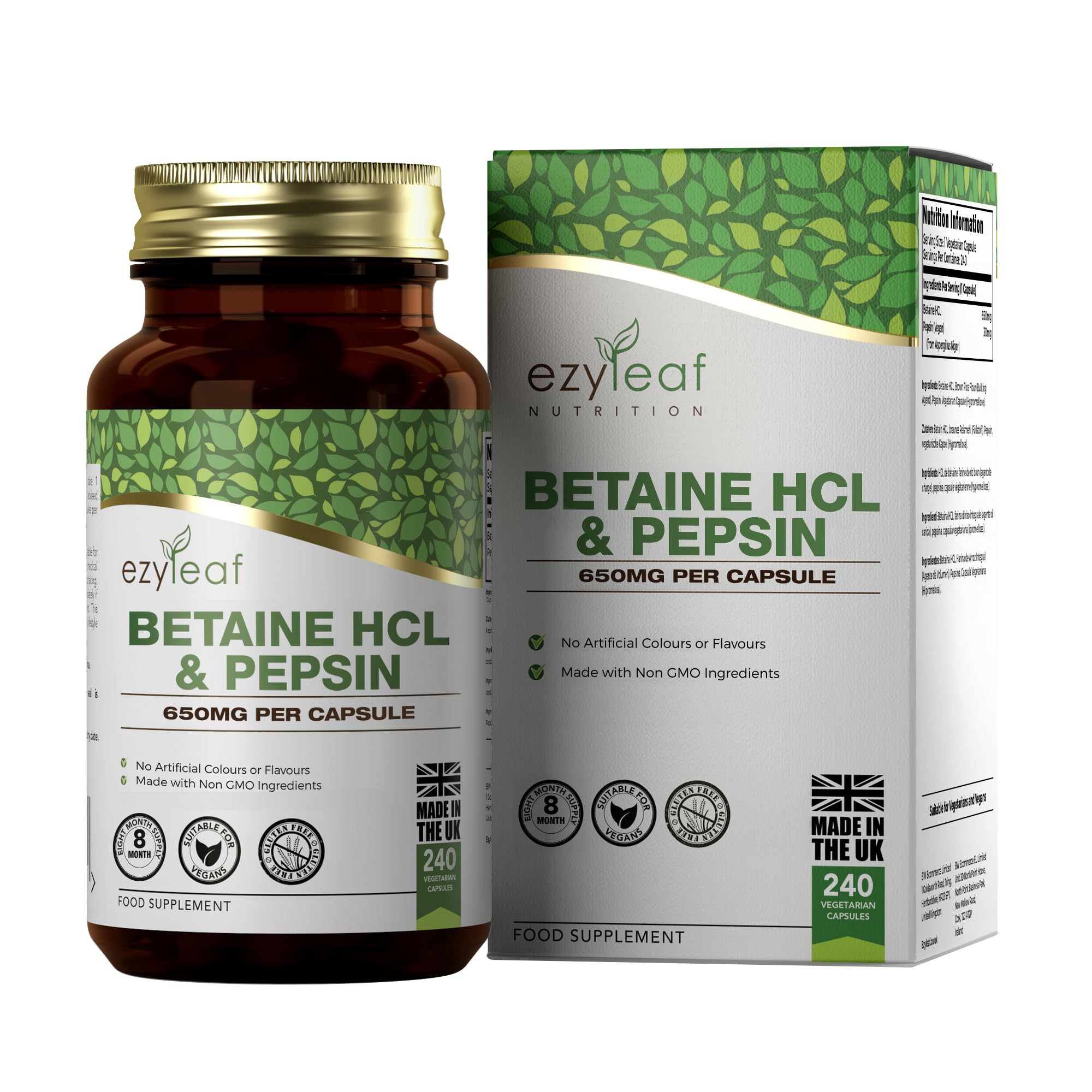 Ezyleaf Betaine HCL con Pepsina 680mg | 240 Cápsulas Veganas | Clorhidrato de Betaína con Pepsina | Suplementos de Enzimas Digestivas | Sin Ingredientes Artificiales | Certificado ISO, sin Gluten
