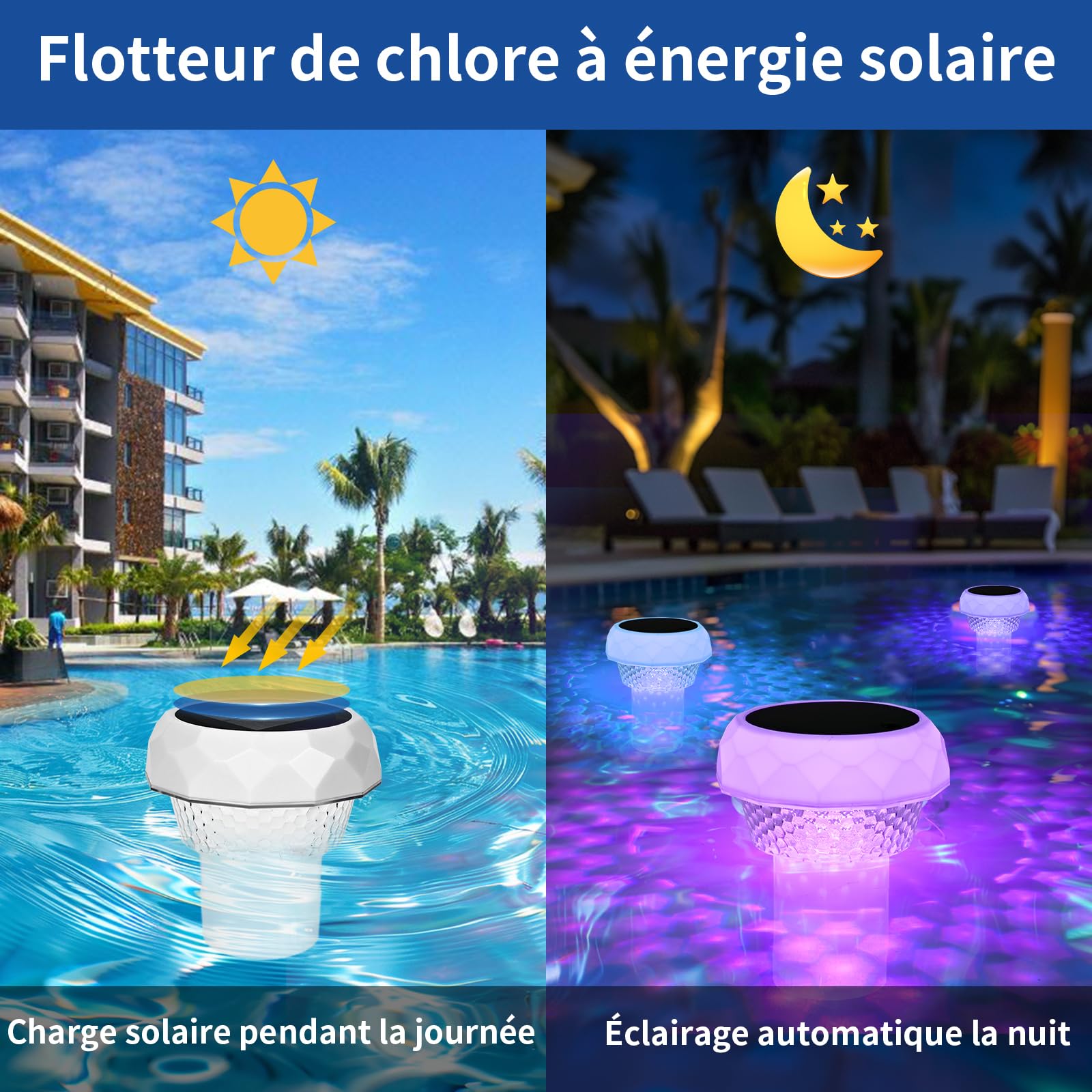 Diffuseur Chlore Piscine avec Lumière Solaire LED, Flotteur Chlore Piscine avec Télécommande, Distributeur de Chlore pour Piscine Diffuseur Spa