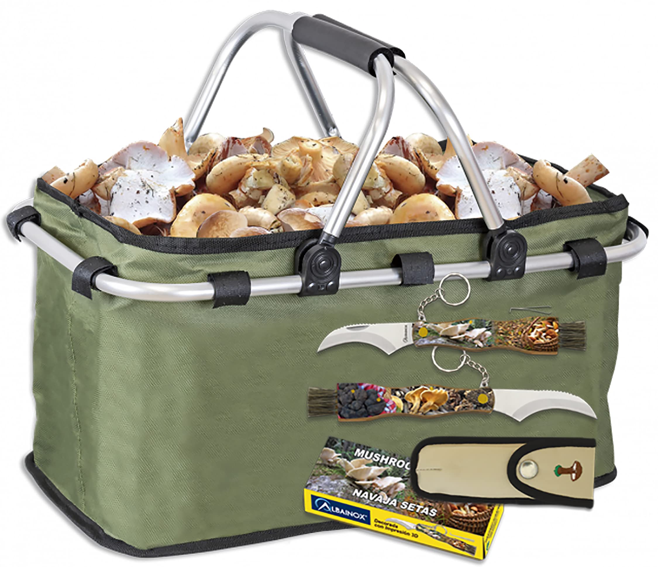 Tiendas LGP Albainox, Set Cesta Multiusos Plegable Especial para recolección de Setas y Frutas + Navaja Plegable Setera, Hoja de 7,2 cm.